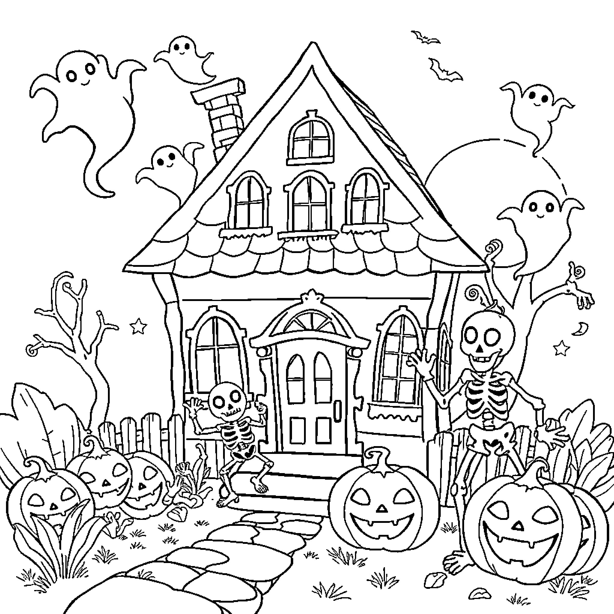 Haunted House with Ghosts and Pumpkins Coloring Page (free black-and-white line drawing printable PDF for all, from beginners to advanced learners, including children, teens, adults, and seniors)
