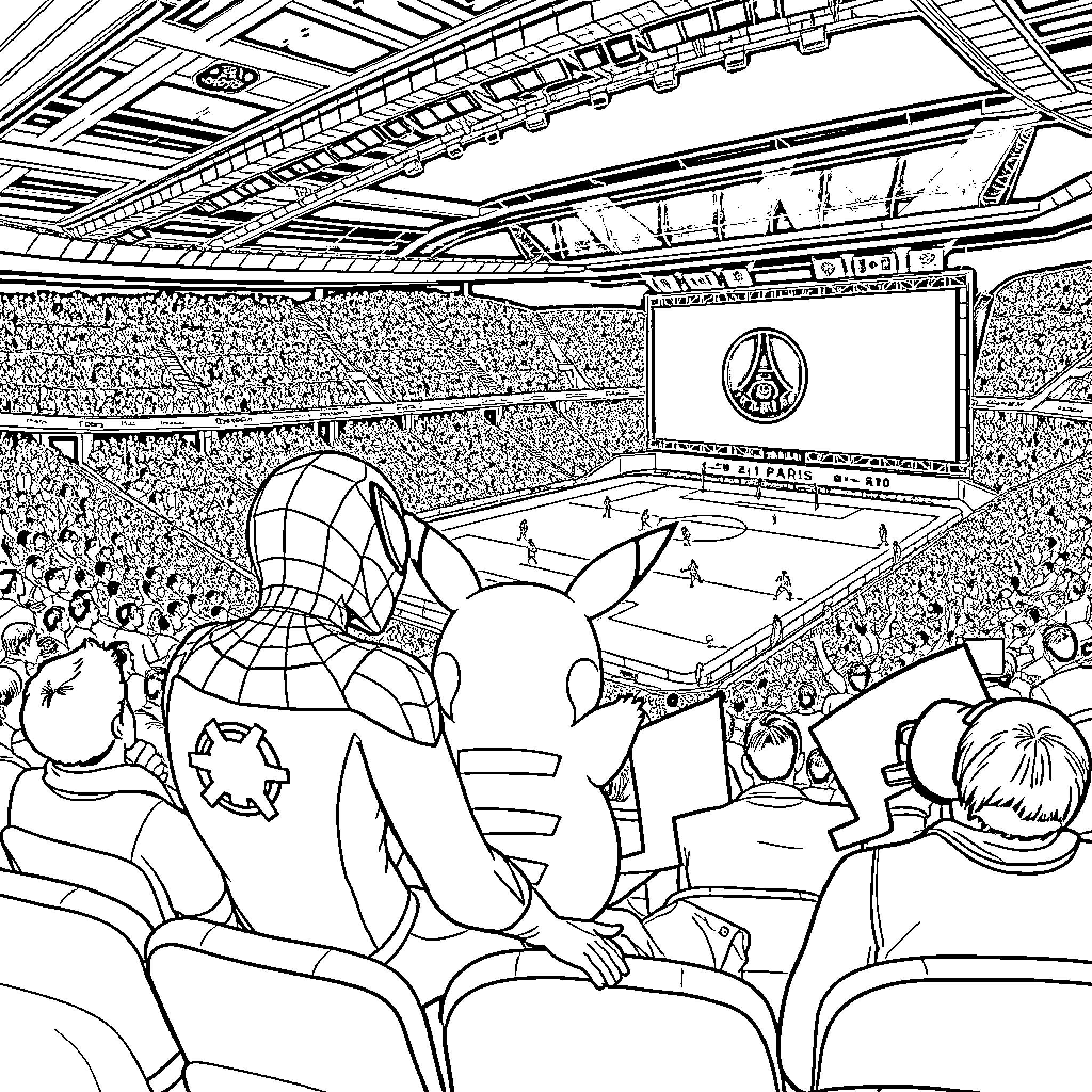 Spiderman and Pokemon characters at a stadium event Coloring Page (free black-and-white line drawing printable PDF for all, from beginners to advanced learners, including children, teens, adults, and seniors)