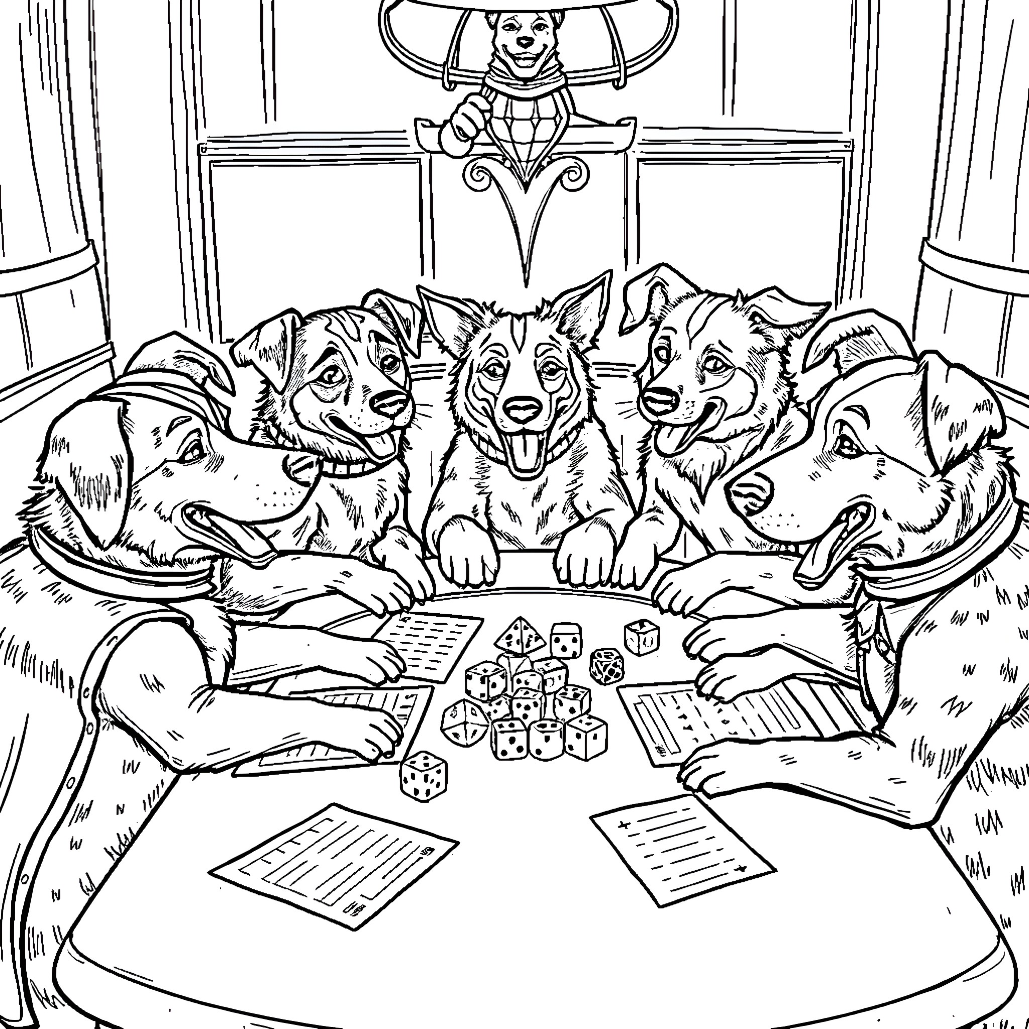 Dogs Playing Board Games Together Coloring Page (free black-and-white line drawing printable PDF for all, from beginners to advanced learners, including children, teens, adults, and seniors)