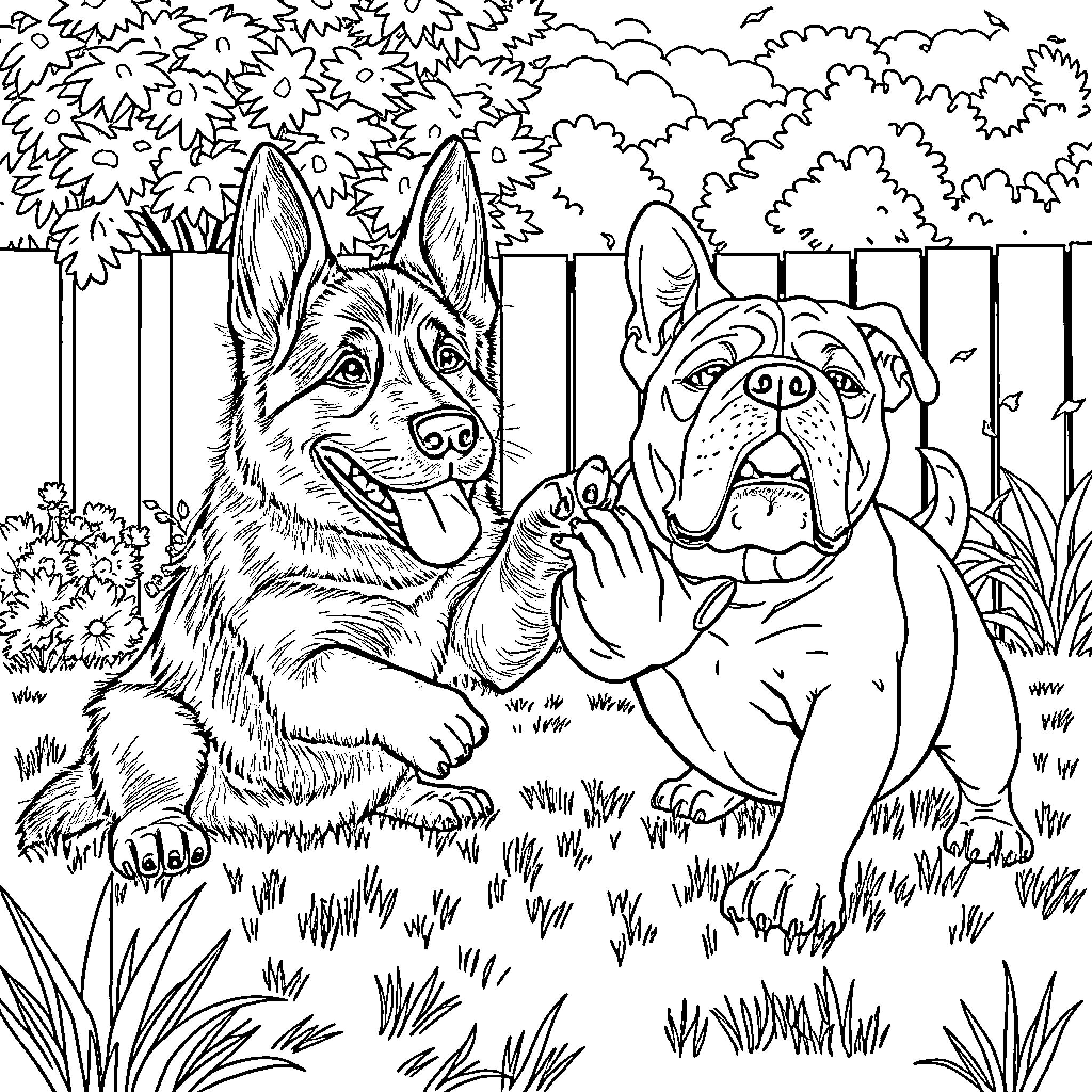 Dog friends playing joyfully in the yard Coloring Page (free black-and-white line drawing printable PDF for all, from beginners to advanced learners, including children, teens, adults, and seniors)