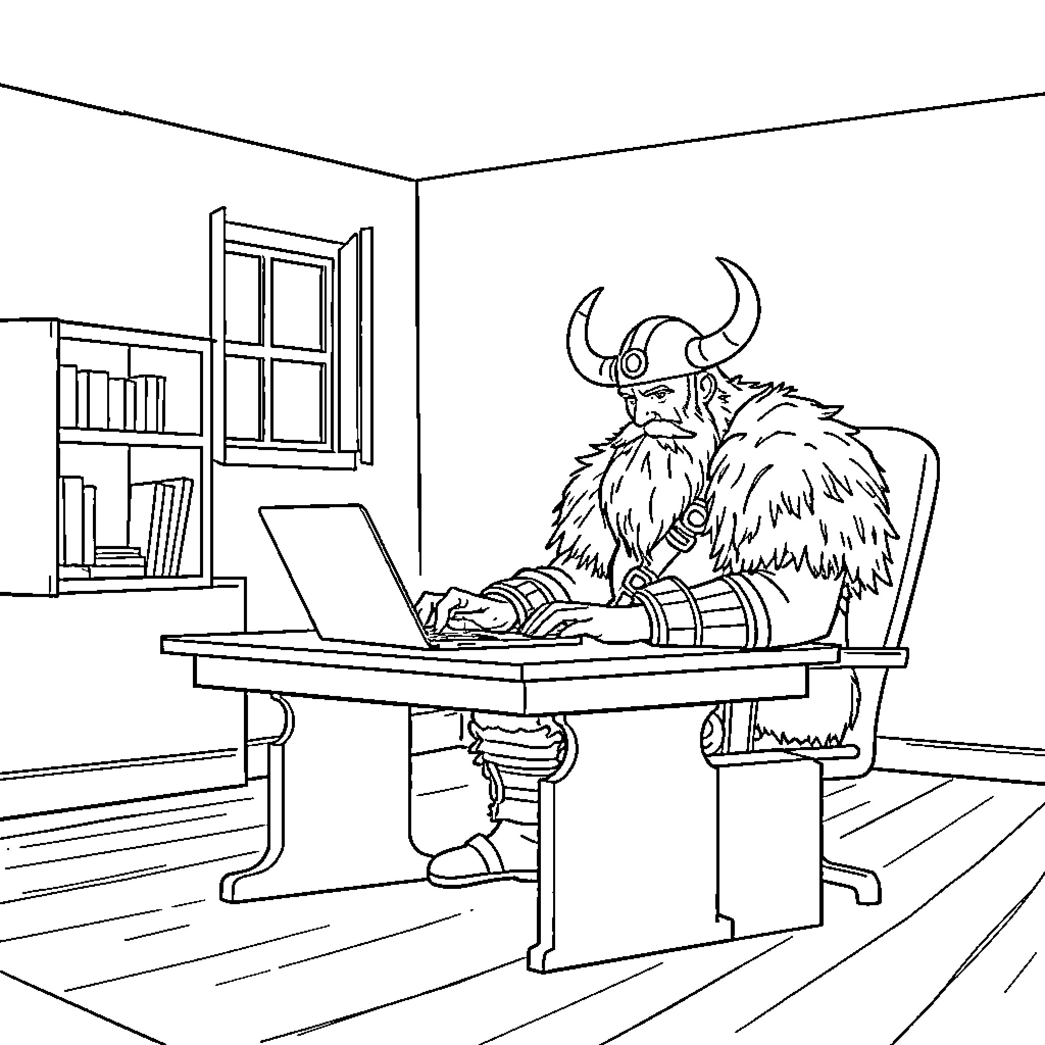 Viking working diligently on laptop in office Coloring Page (free black-and-white line drawing printable PDF for all, from beginners to advanced learners, including children, teens, adults, and seniors)