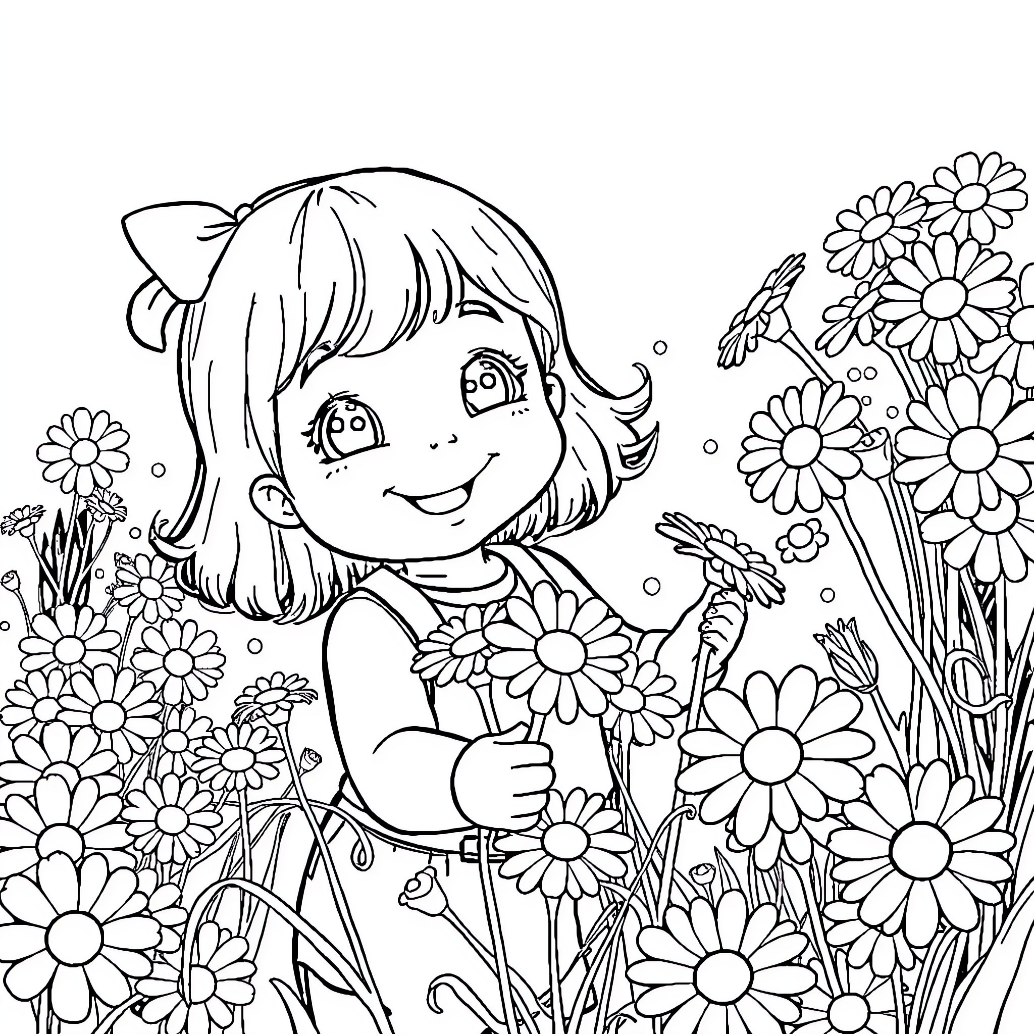 Daisy exploring the cheerful floral garden Coloring Page (free black-and-white line drawing printable PDF for all, from beginners to advanced learners, including children, teens, adults, and seniors)