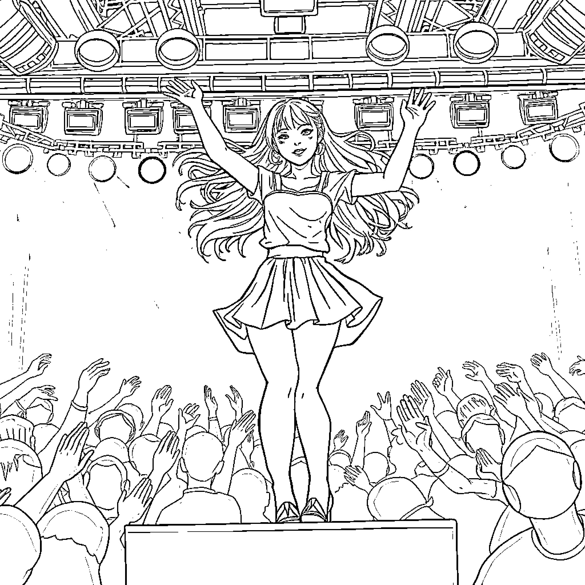 K-pop Girl Performing Energetically on Stage Coloring Page (free black-and-white line drawing printable PDF for all, from beginners to advanced learners, including children, teens, adults, and seniors)