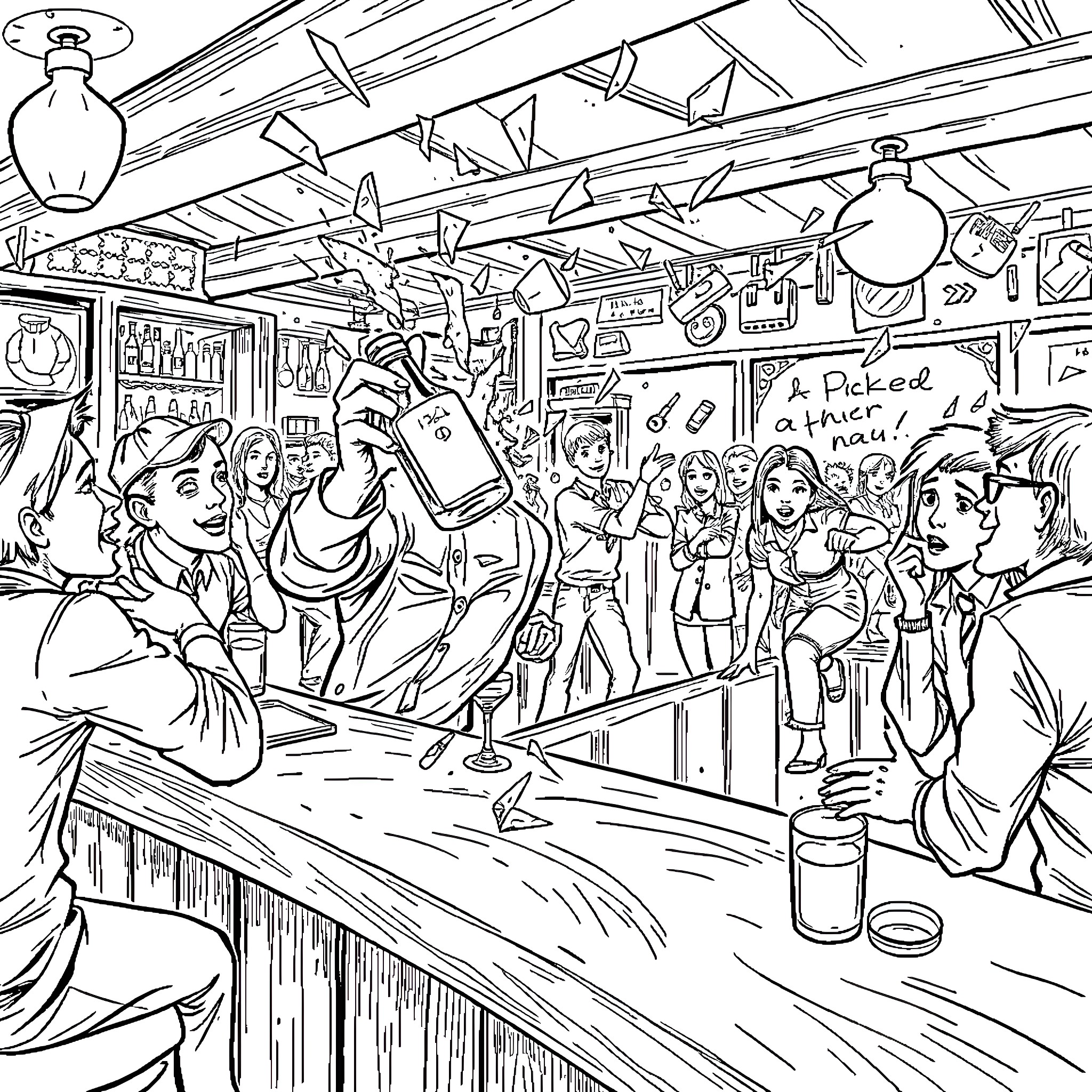Bartender serving drinks in a lively, crowded bar Coloring Page (free black-and-white line drawing printable PDF for all, from beginners to advanced learners, including children, teens, adults, and seniors)