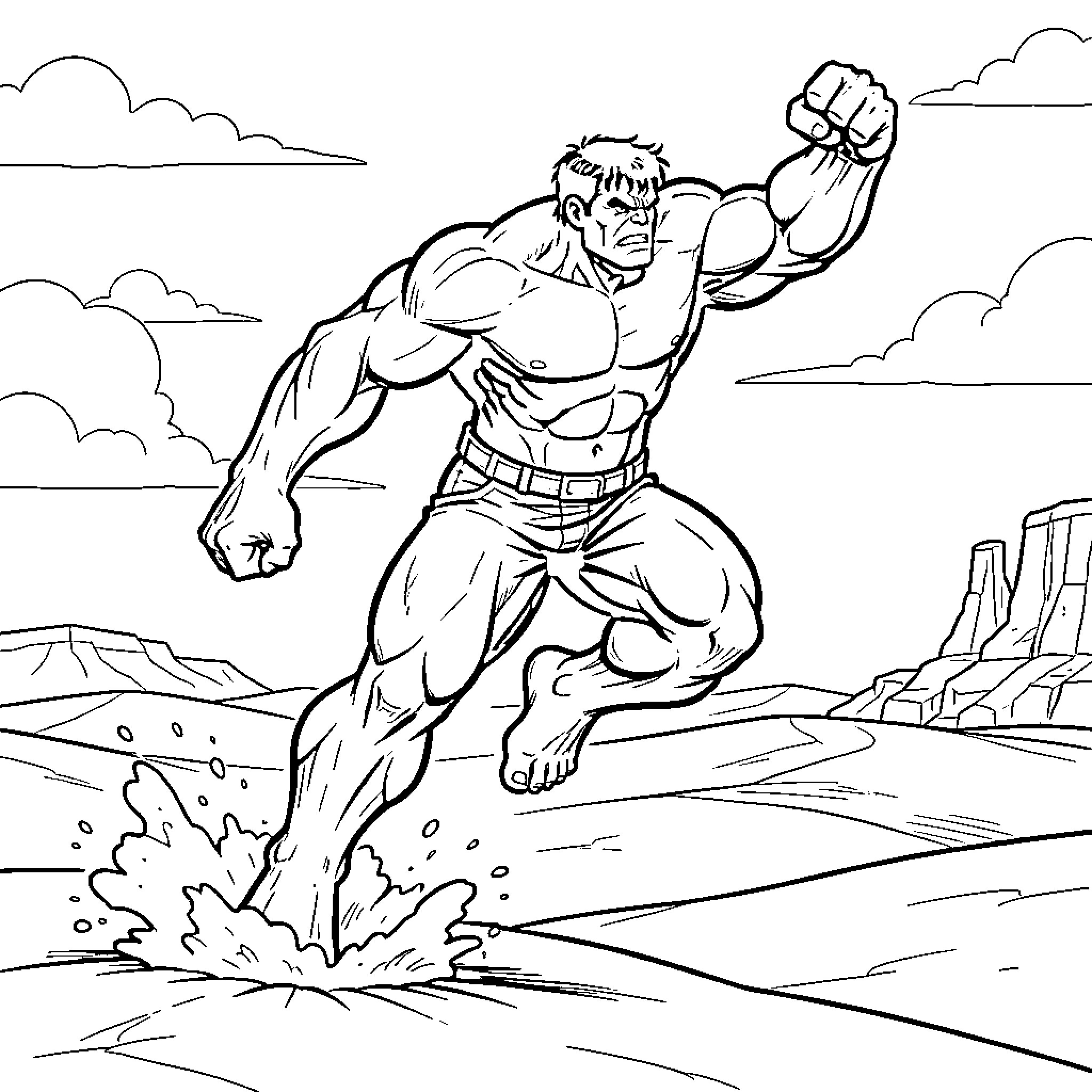 Hulk running powerfully through a desert landscape Coloring Page (free black-and-white line drawing printable PDF for all, from beginners to advanced learners, including children, teens, adults, and seniors)