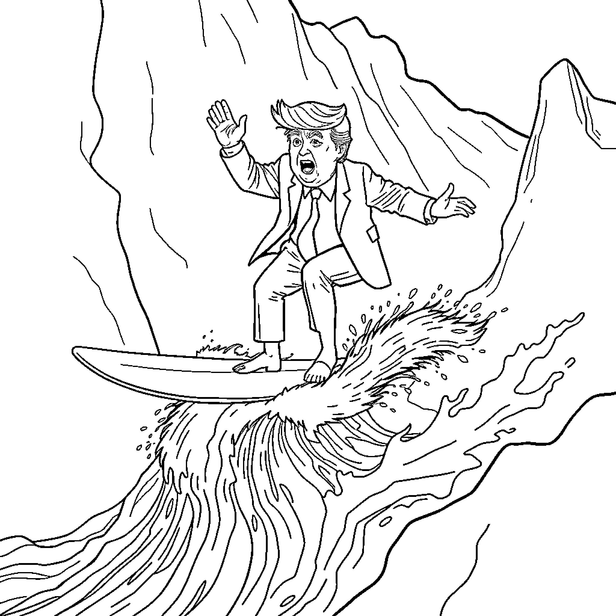 Donald Trump surfing on a fiery wave Coloring Page (free black-and-white line drawing printable PDF for all, from beginners to advanced learners, including children, teens, adults, and seniors)