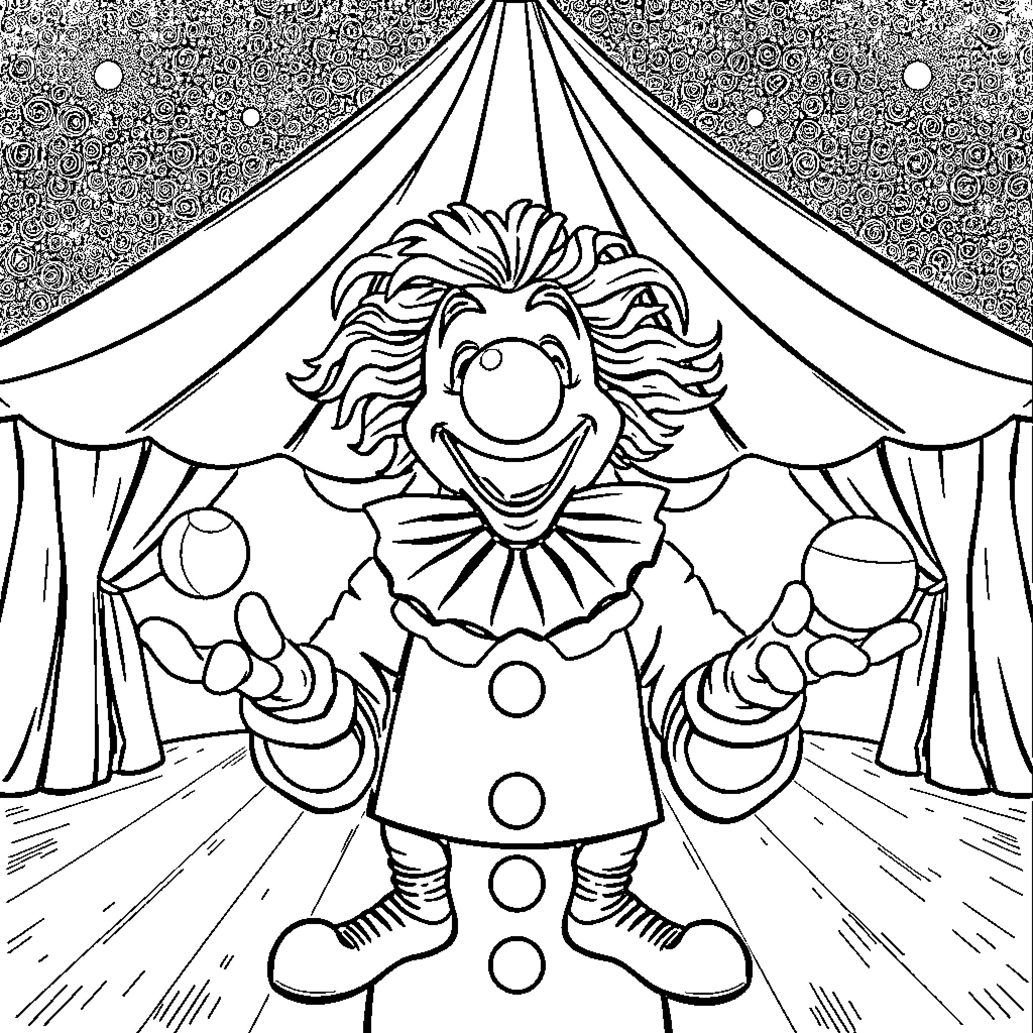Clown Performing at the Circus Coloring Page (free black-and-white line drawing printable PDF for all, from beginners to advanced learners, including children, teens, adults, and seniors)