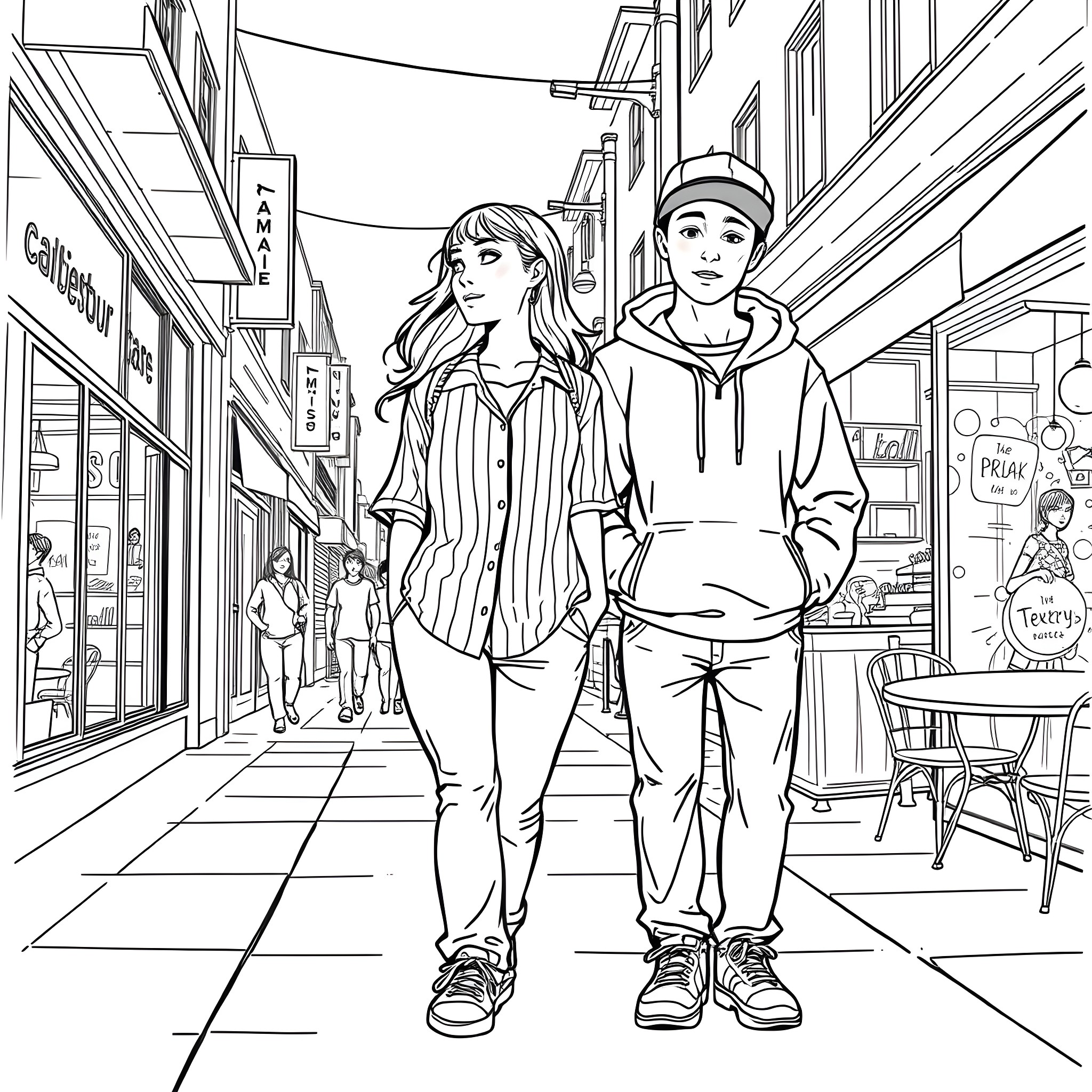 Teen Couple Strolling in City Streets Coloring Page (free black-and-white line drawing printable PDF for all, from beginners to advanced learners, including children, teens, adults, and seniors)