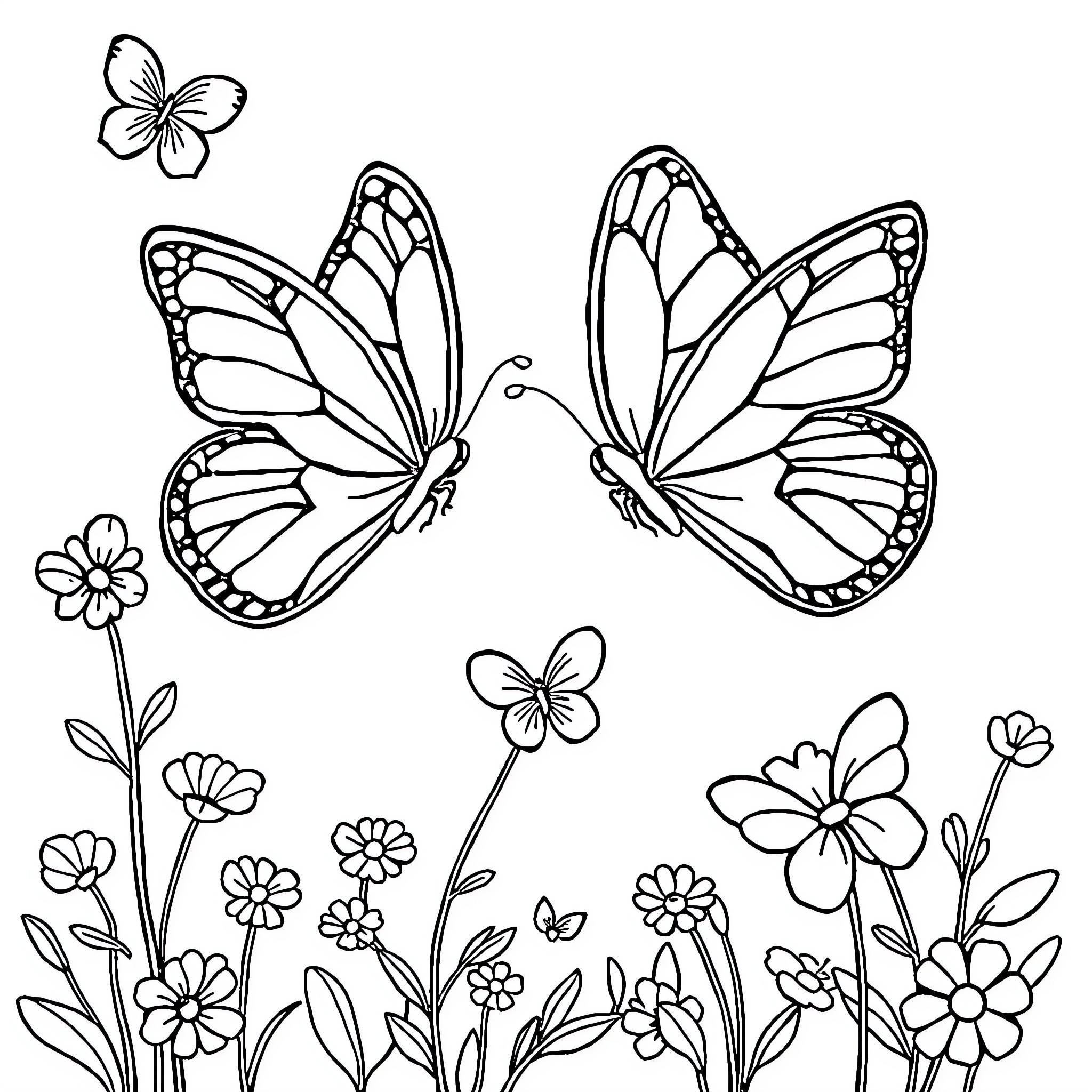 Butterfly motifs in a floral scene Coloring Page (free black-and-white line drawing printable PDF for all, from beginners to advanced learners, including children, teens, adults, and seniors)