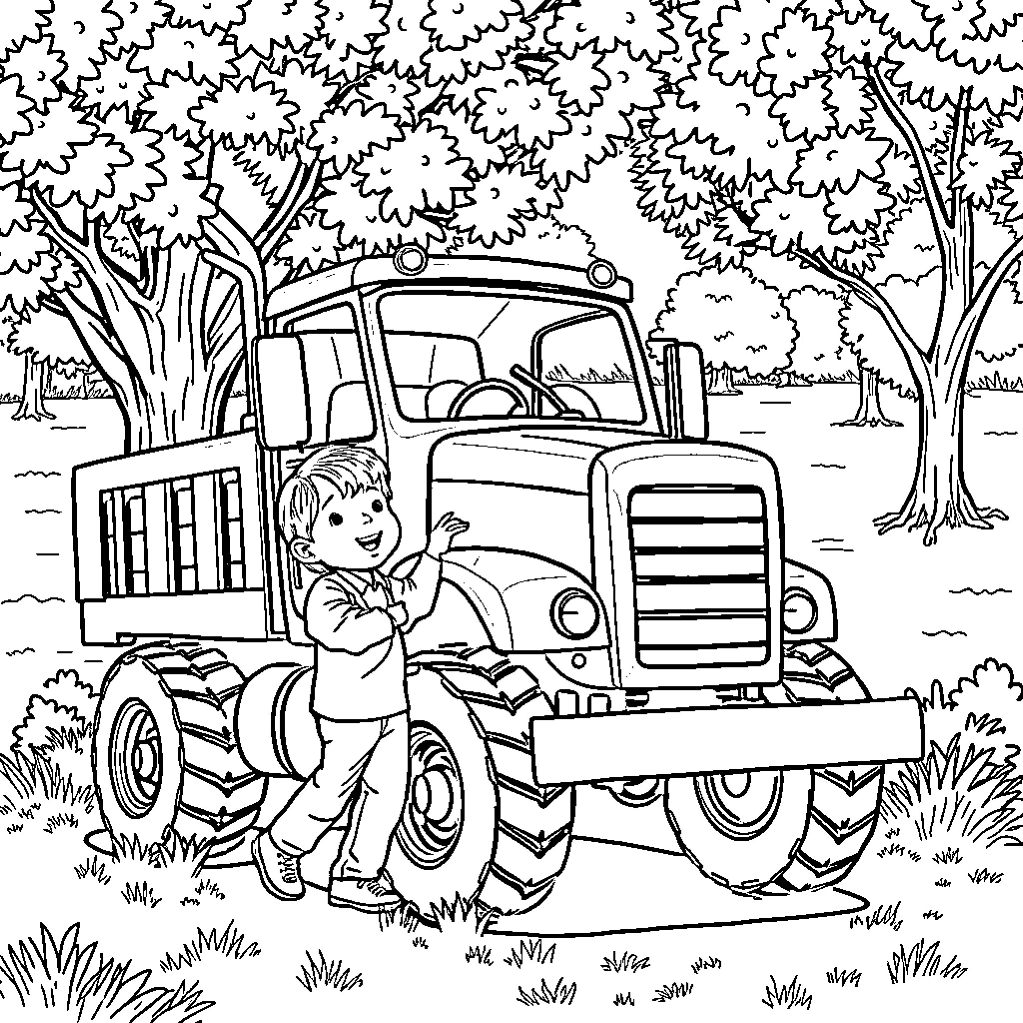 Boy playing with tractor in the countryside Coloring Page (free black-and-white line drawing printable PDF for all, from beginners to advanced learners, including children, teens, adults, and seniors)