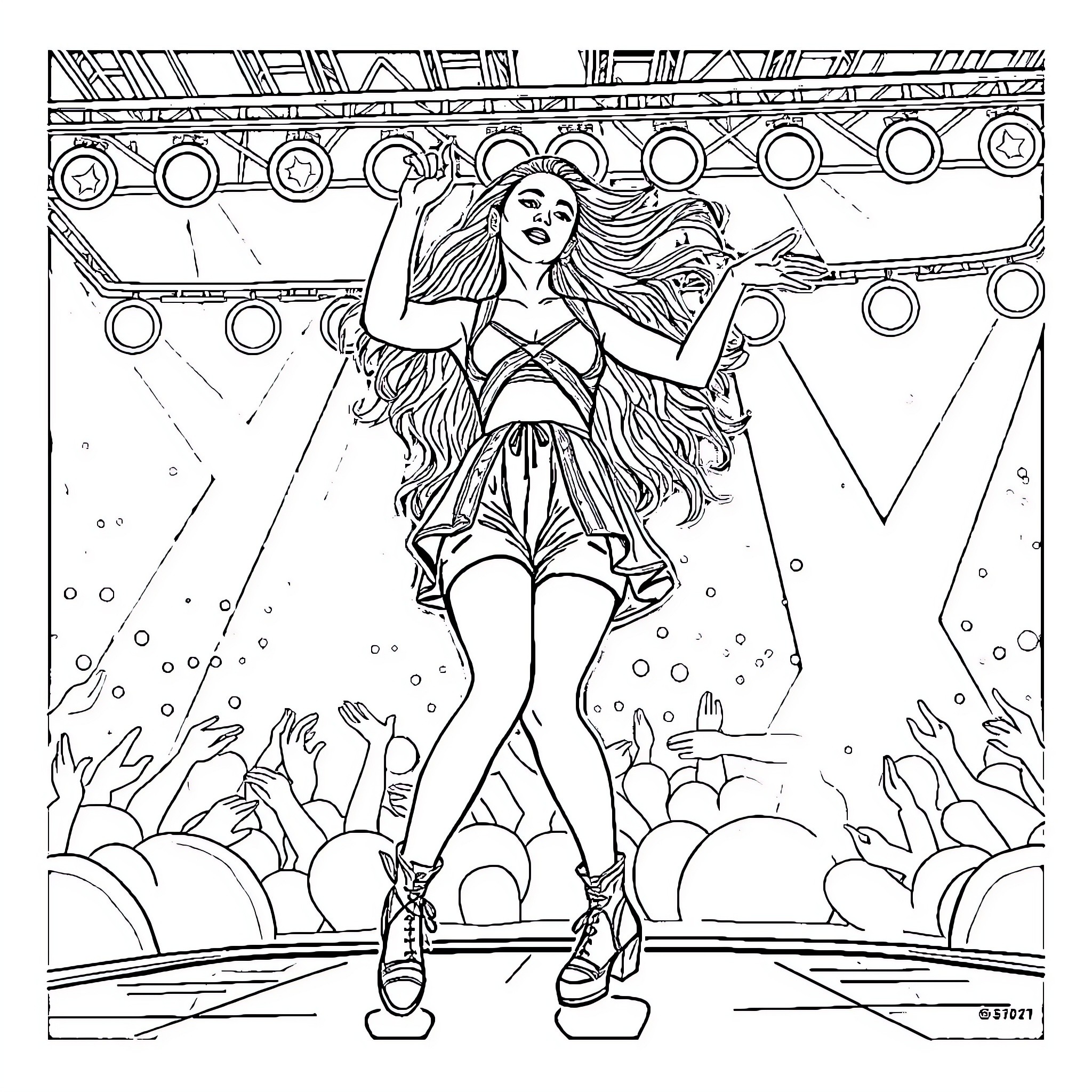 Ariana Grande Performing on Stage with Vibrant Energy Coloring Page (free black-and-white line drawing printable PDF for all, from beginners to advanced learners, including children, teens, adults, and seniors)