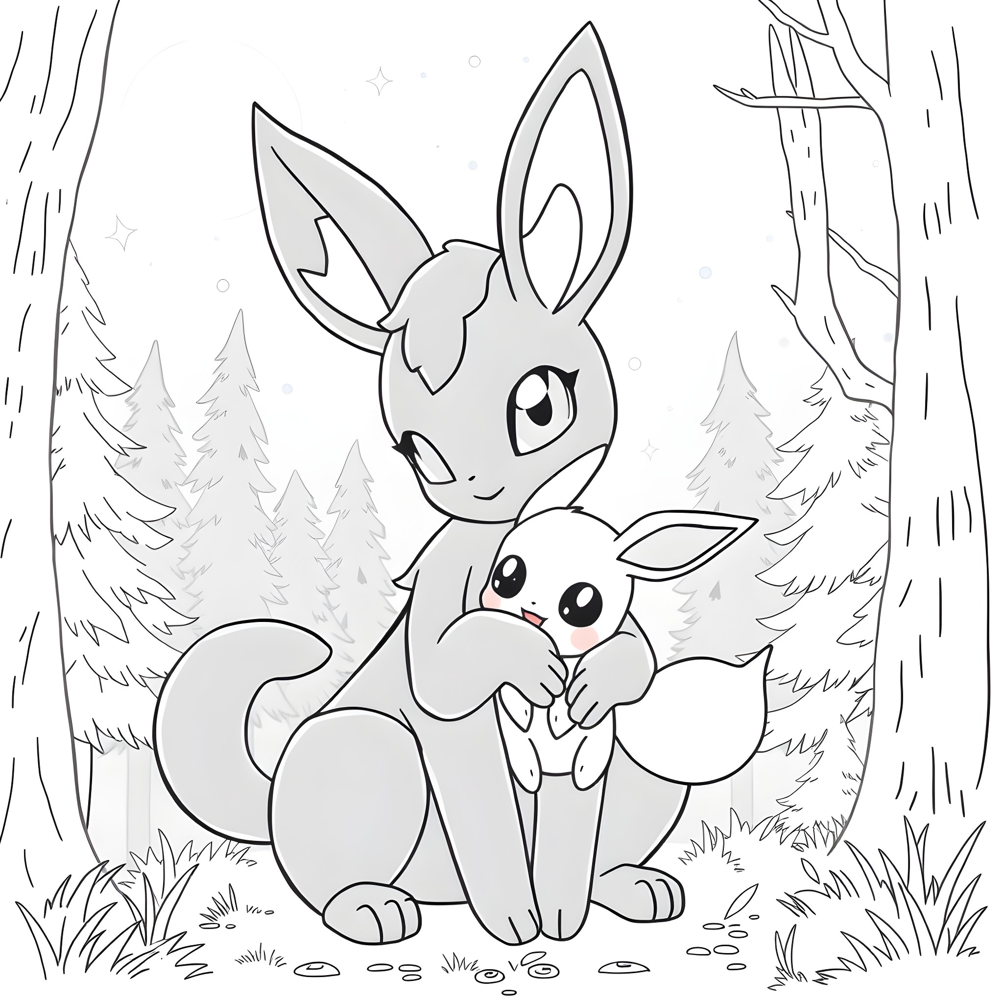 Umbreon and its young companion explore the woodland Coloring Page (free black-and-white line drawing printable PDF for all, from beginners to advanced learners, including children, teens, adults, and seniors)