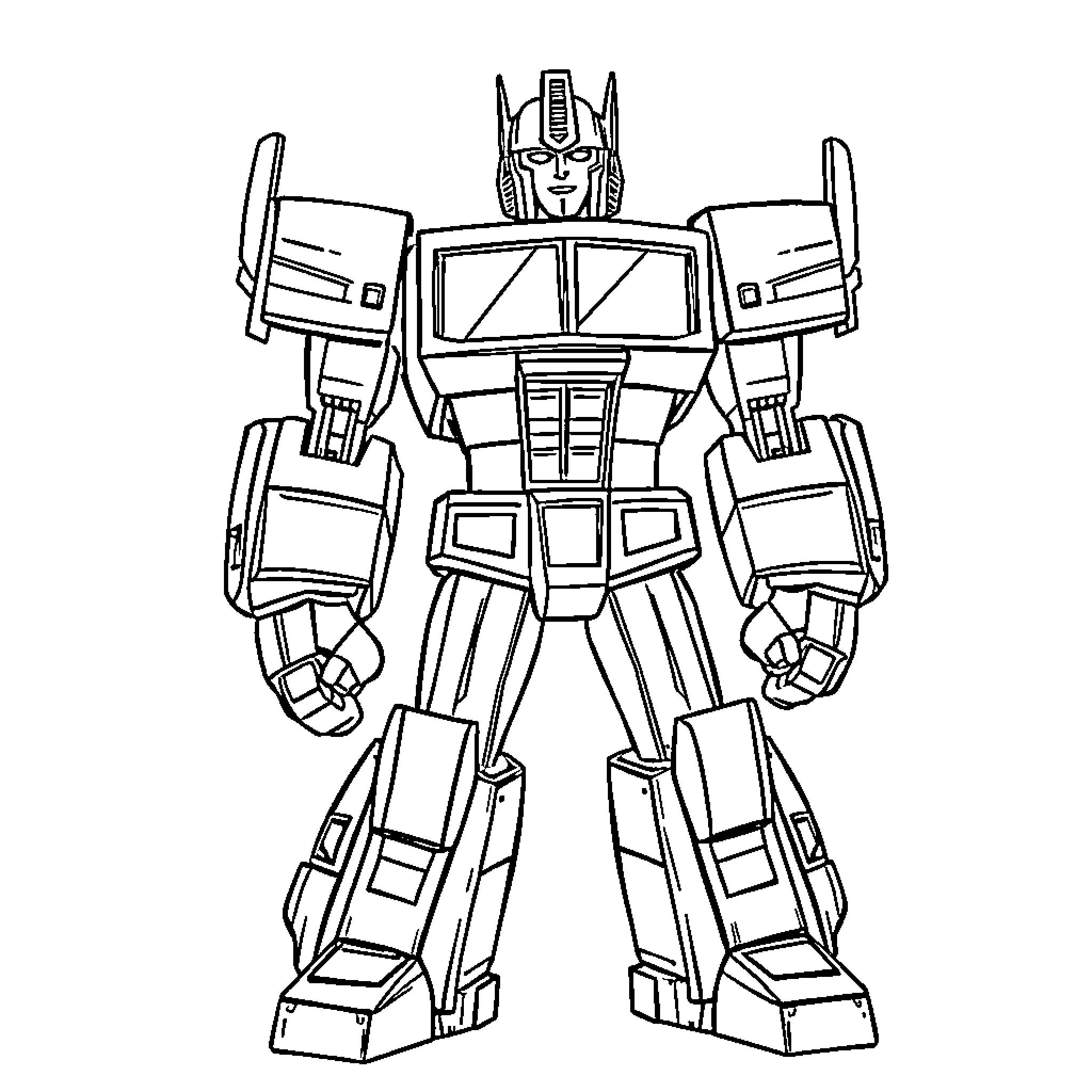 Optimus Prime standing tall and powerful Coloring Page (free black-and-white line drawing printable PDF for all, from beginners to advanced learners, including children, teens, adults, and seniors)