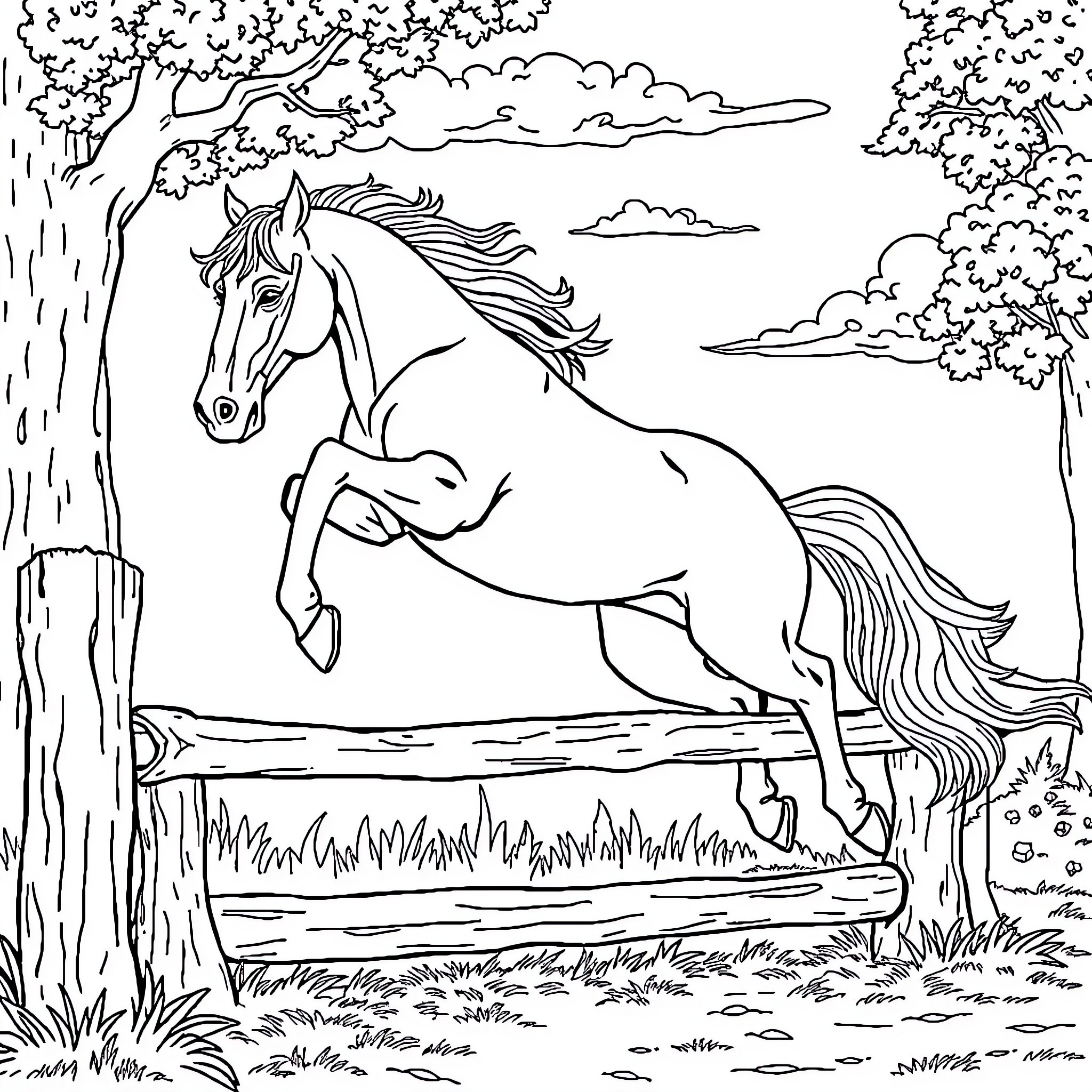 Horse running freely in the forest Coloring Page (free black-and-white line drawing printable PDF for all, from beginners to advanced learners, including children, teens, adults, and seniors)