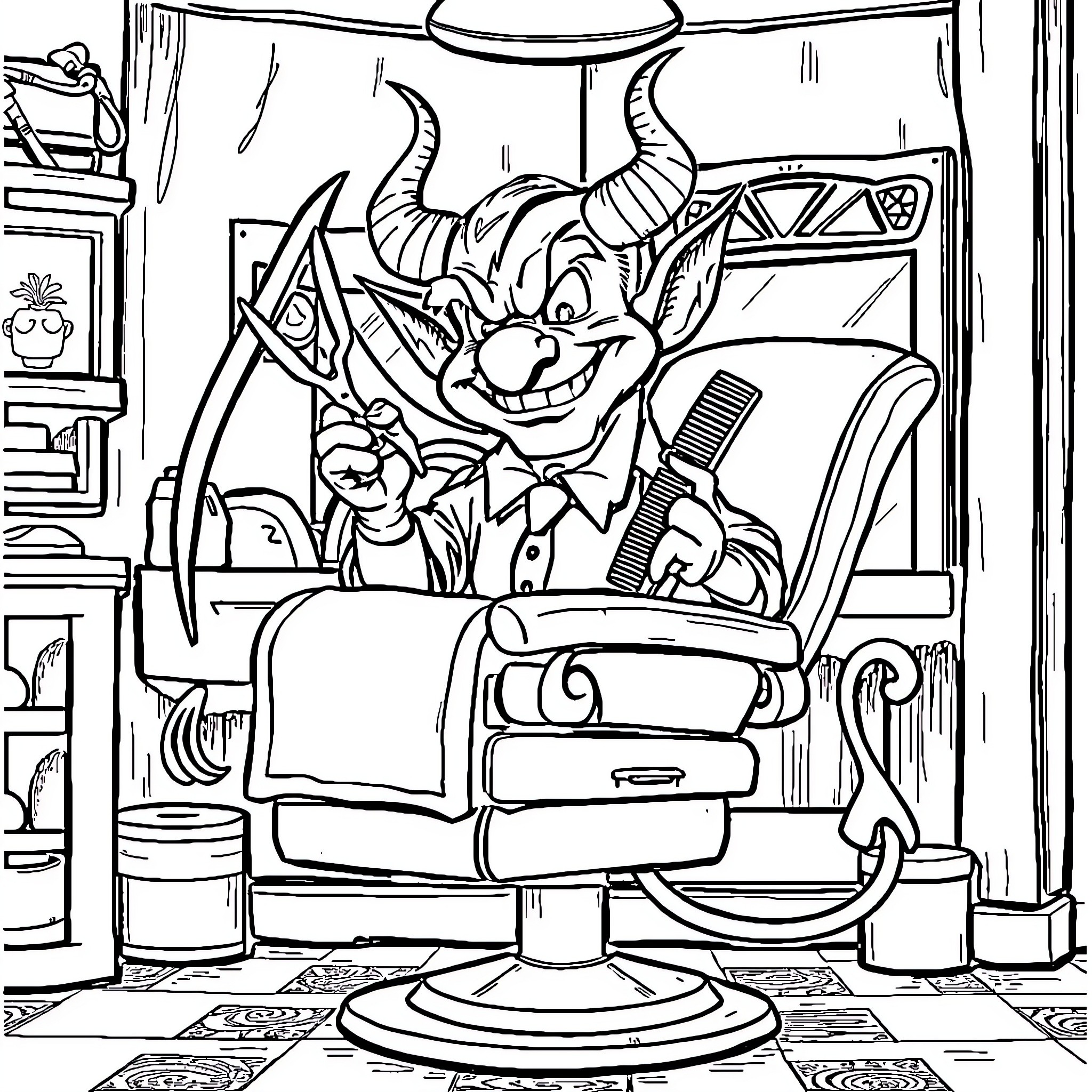 Devil in the Barbershop: A Mischievous Scene Coloring Page (free black-and-white line drawing printable PDF for all, from beginners to advanced learners, including children, teens, adults, and seniors)