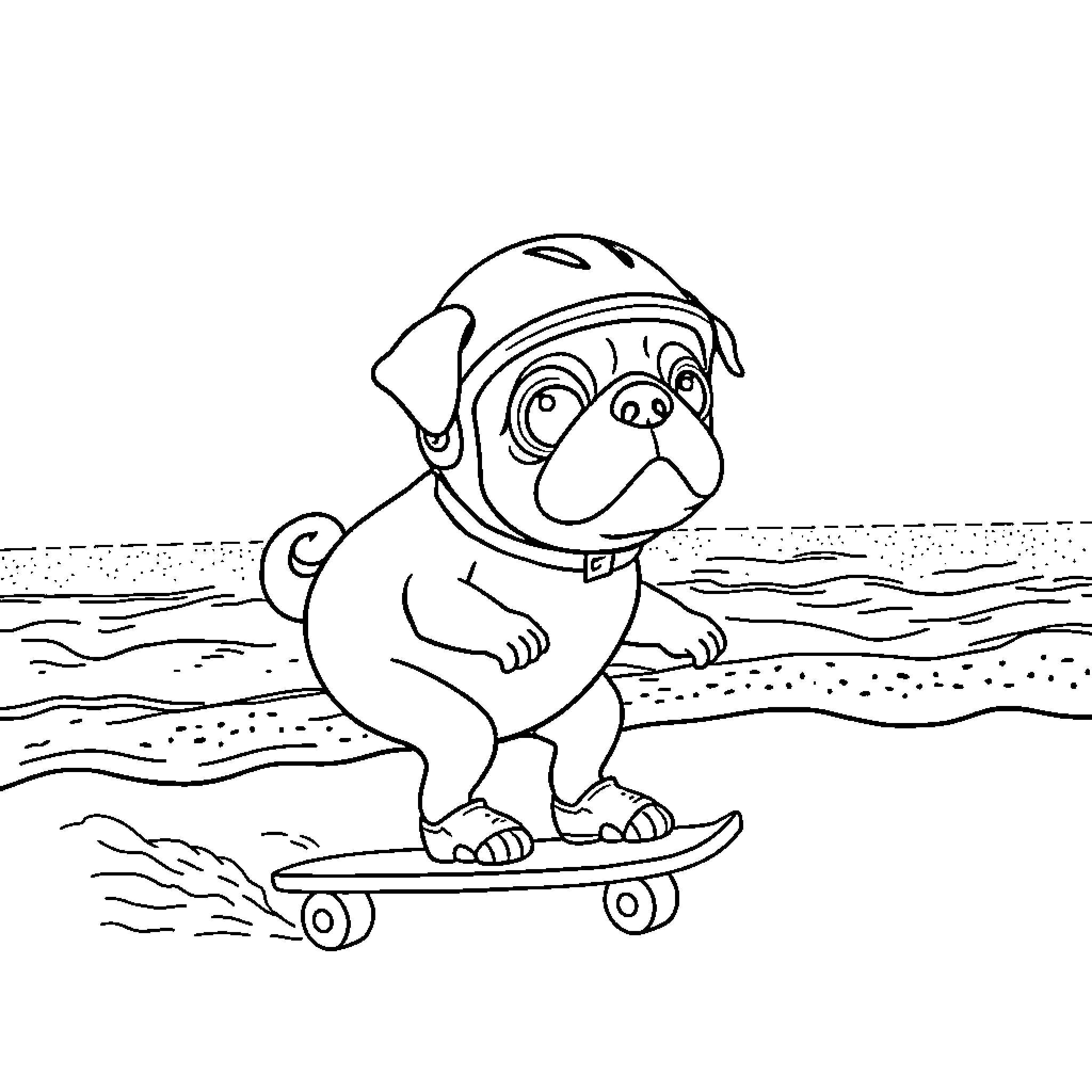 Pug riding a skateboard on the beach Coloring Page (free black-and-white line drawing printable PDF for all, from beginners to advanced learners, including children, teens, adults, and seniors)