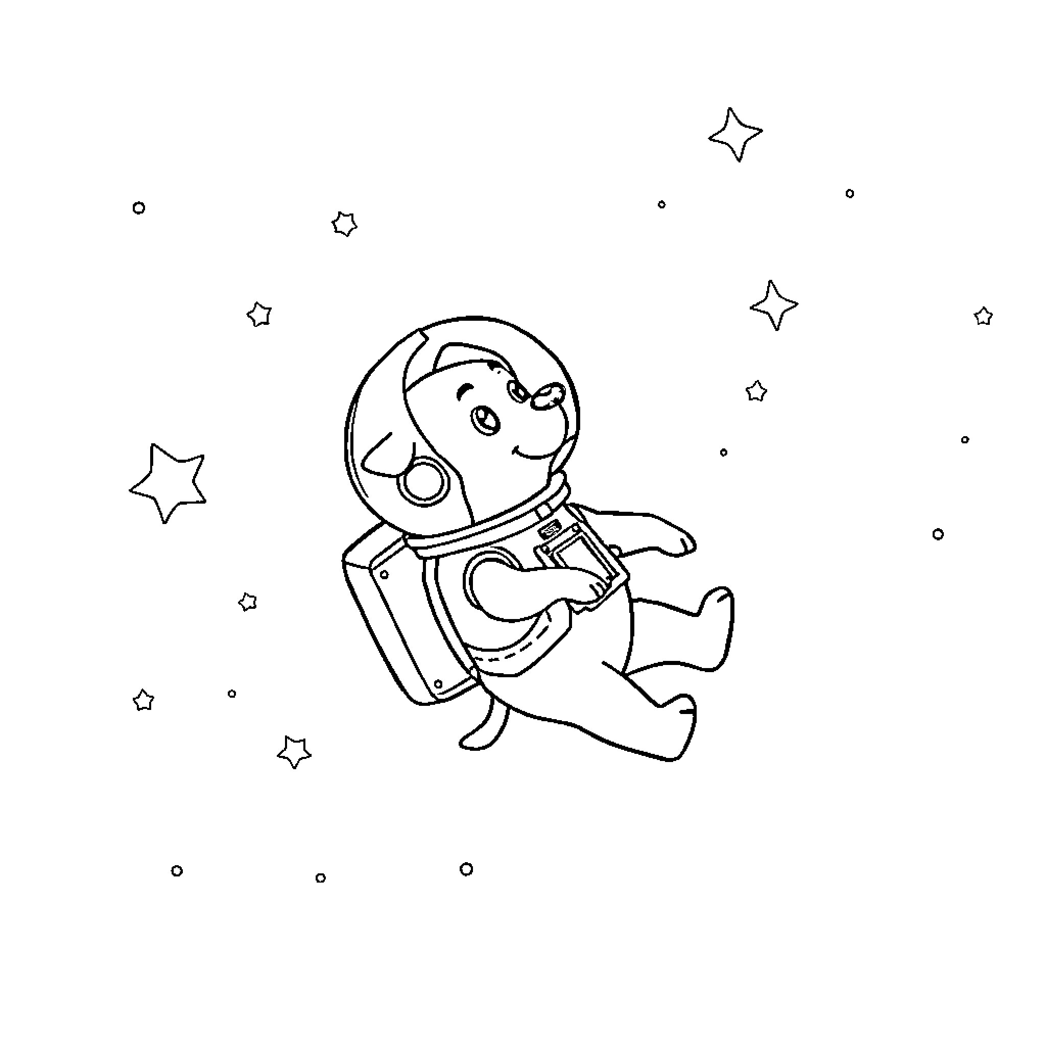 Dog Astronaut Exploring the Starry Night Sky Coloring Page (free black-and-white line drawing printable PDF for all, from beginners to advanced learners, including children, teens, adults, and seniors)