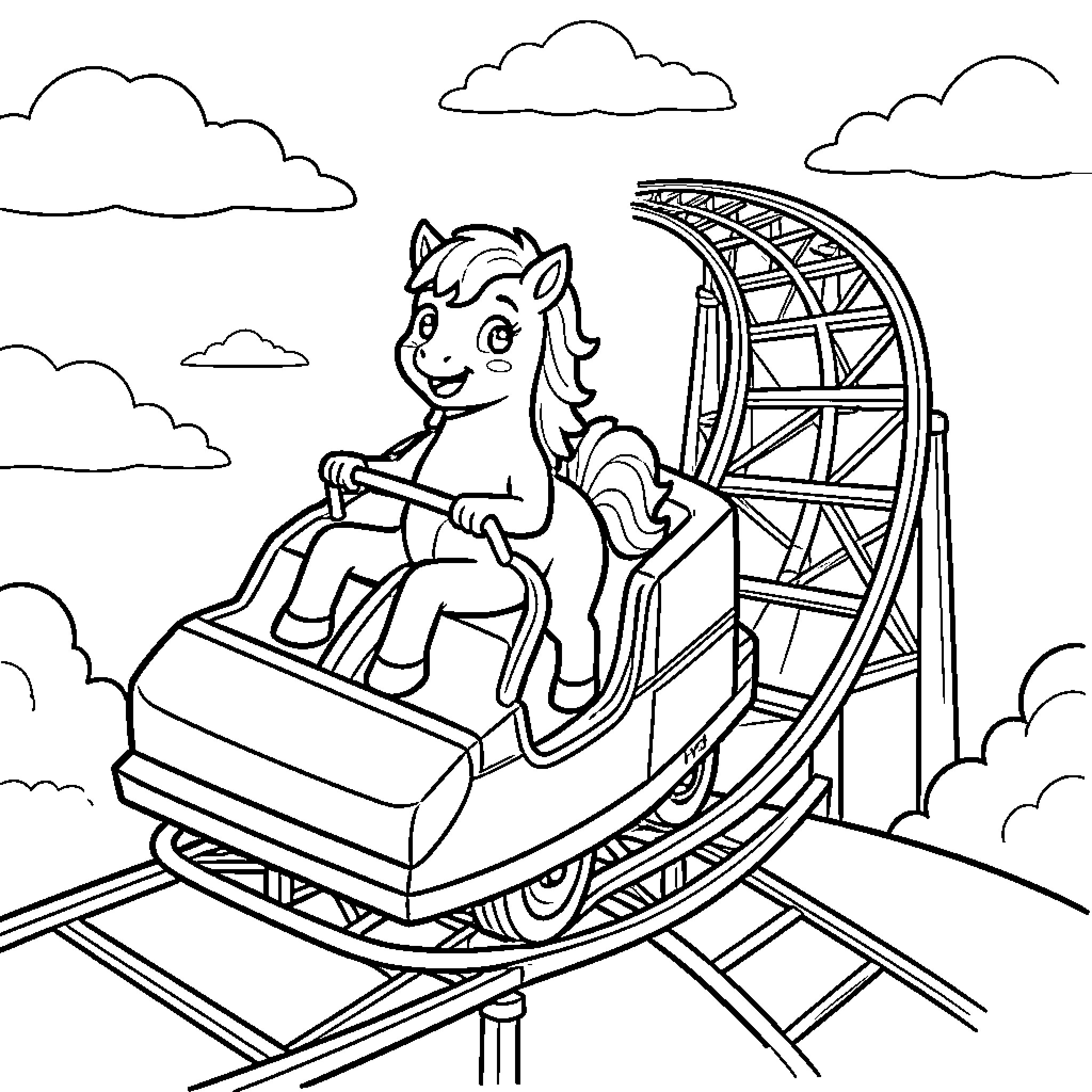 Pony enjoying thrilling rollercoaster ride Coloring Page (free black-and-white line drawing printable PDF for all, from beginners to advanced learners, including children, teens, adults, and seniors)