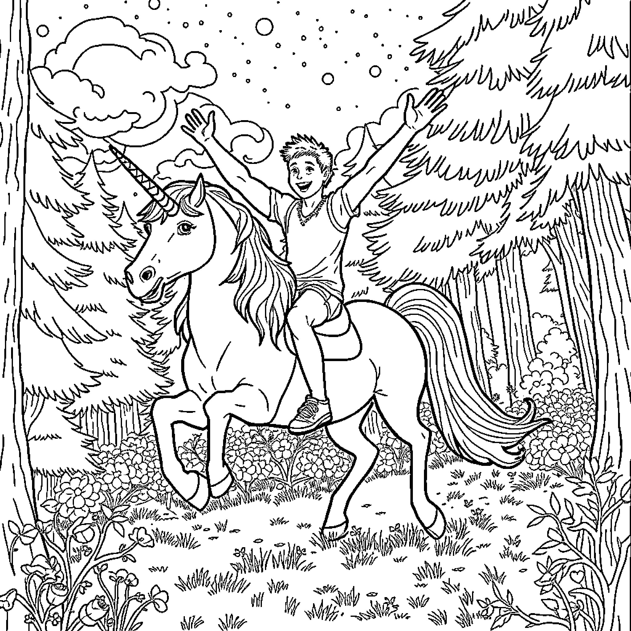 Tyler Joseph riding a magical unicorn in a whimsical forest Coloring Page (free black-and-white line drawing printable PDF for all, from beginners to advanced learners, including children, teens, adults, and seniors)
