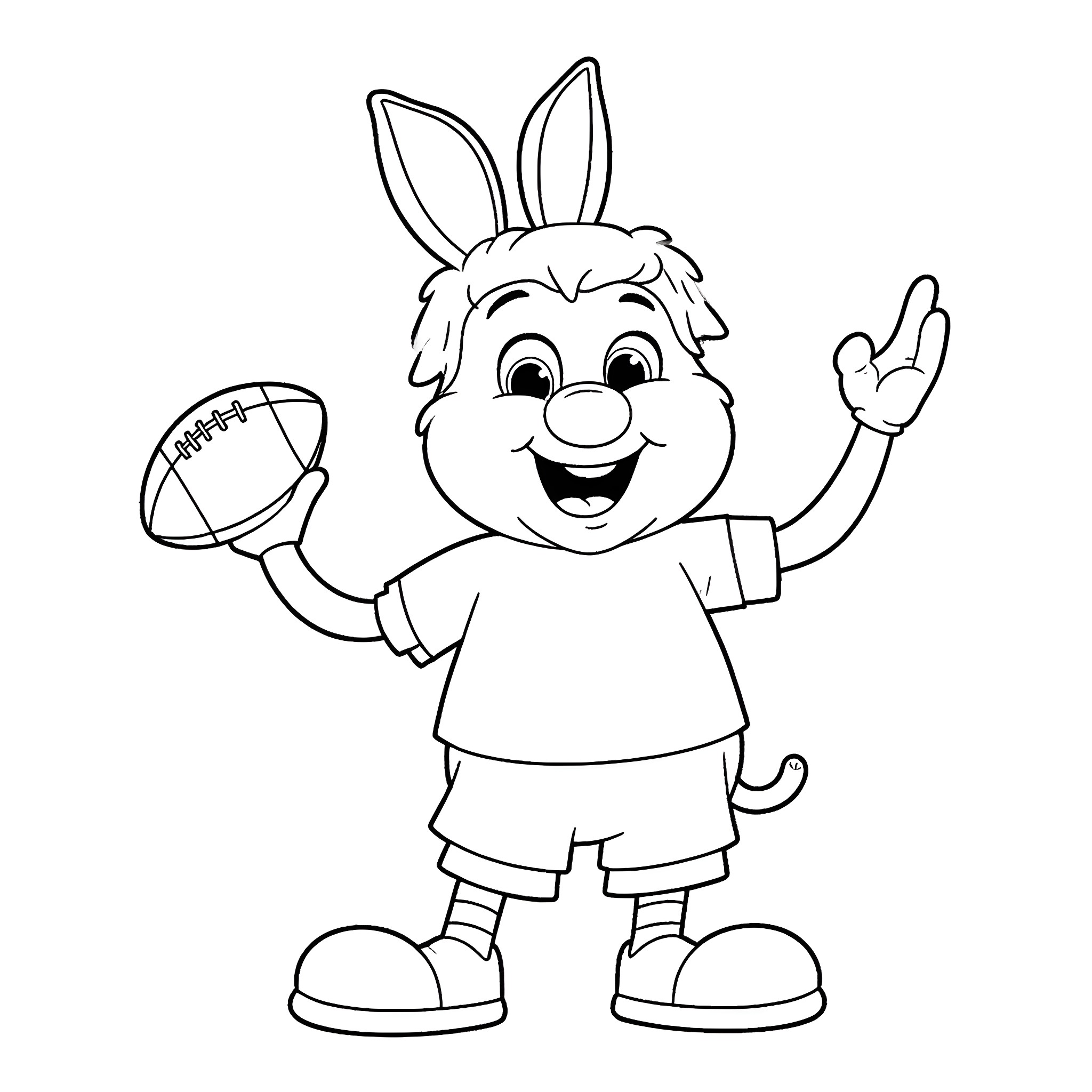 Brutus Buckeye cheerfully playing football Coloring Page (free black-and-white line drawing printable PDF for all, from beginners to advanced learners, including children, teens, adults, and seniors)