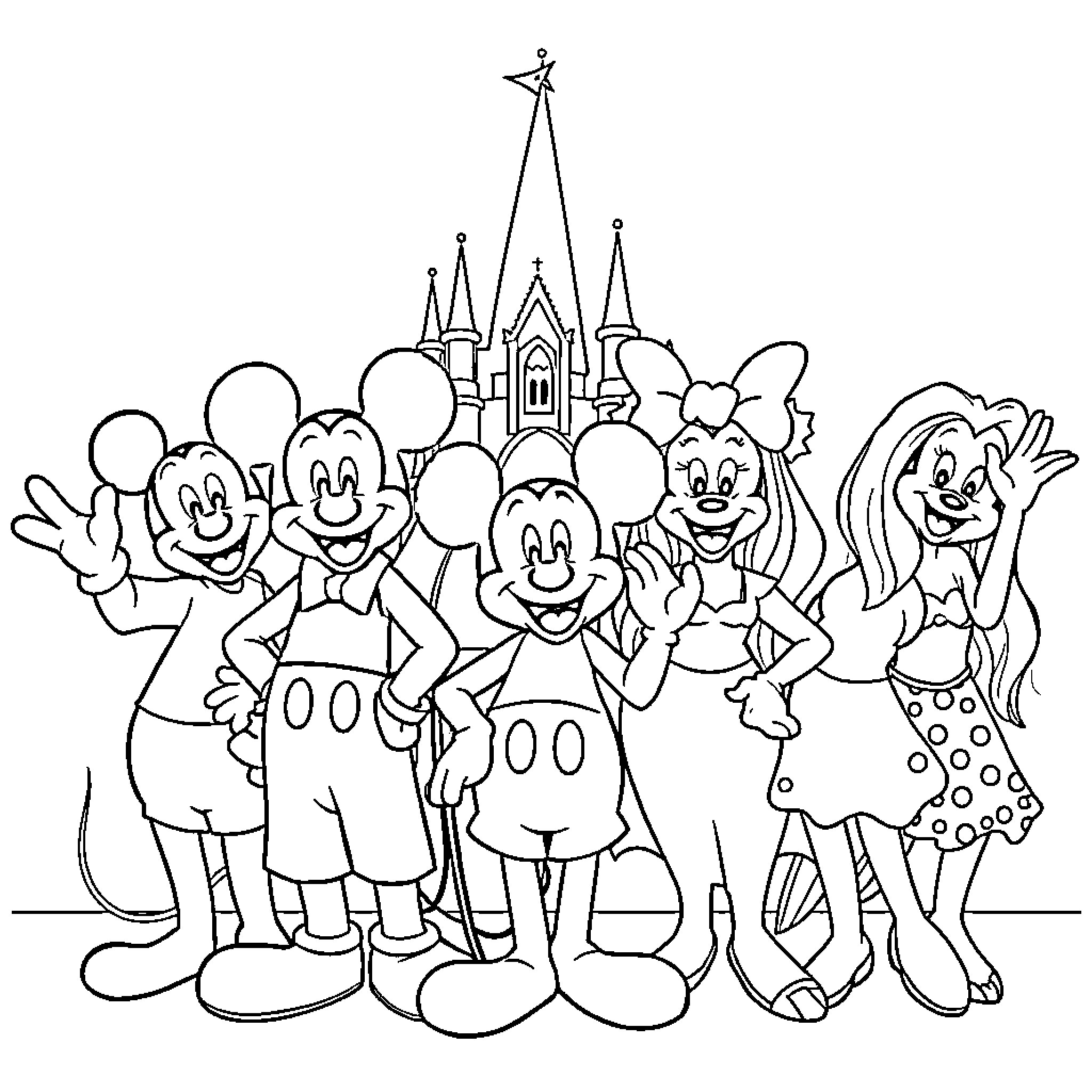 Disney Characters Gathered at the Castle Coloring Page (free black-and-white line drawing printable PDF for all, from beginners to advanced learners, including children, teens, adults, and seniors)