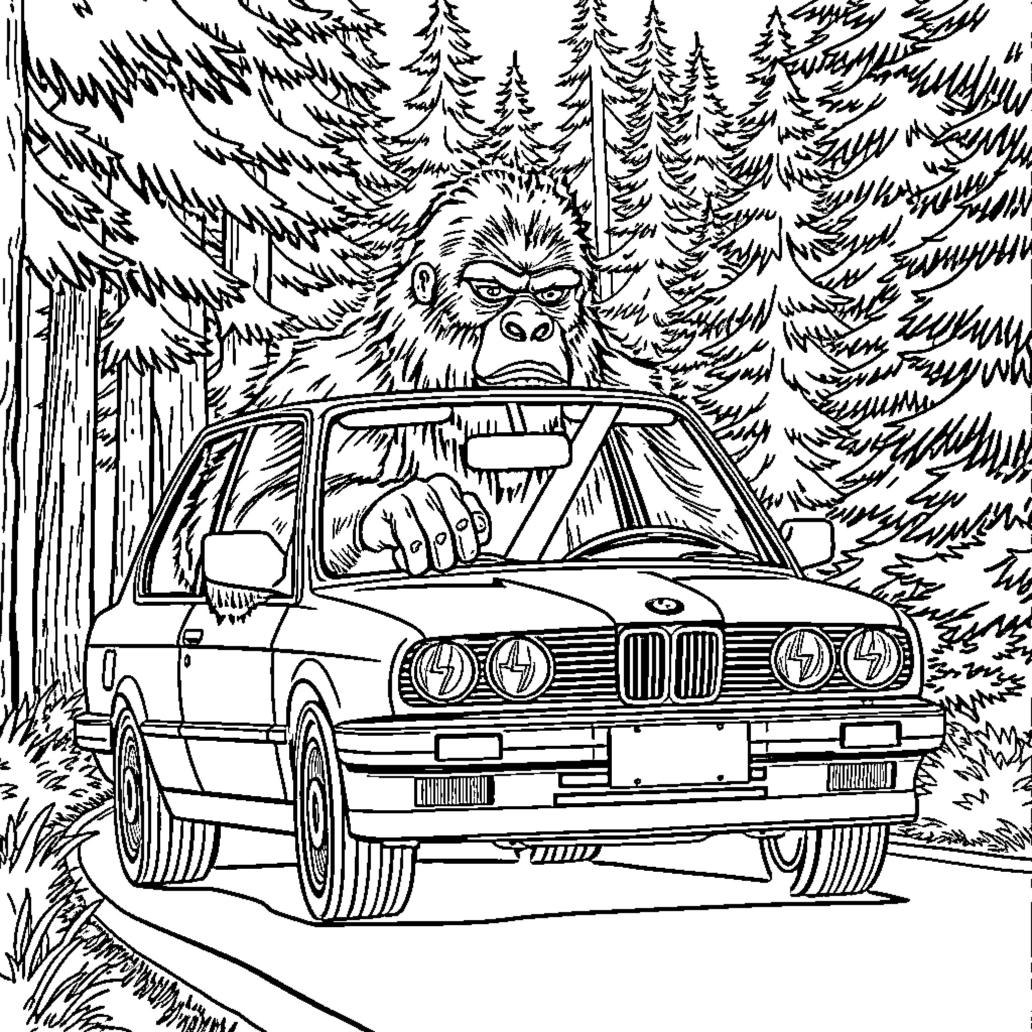 Bigfoot driving a car in the forest Coloring Page (free black-and-white line drawing printable PDF for all, from beginners to advanced learners, including children, teens, adults, and seniors)