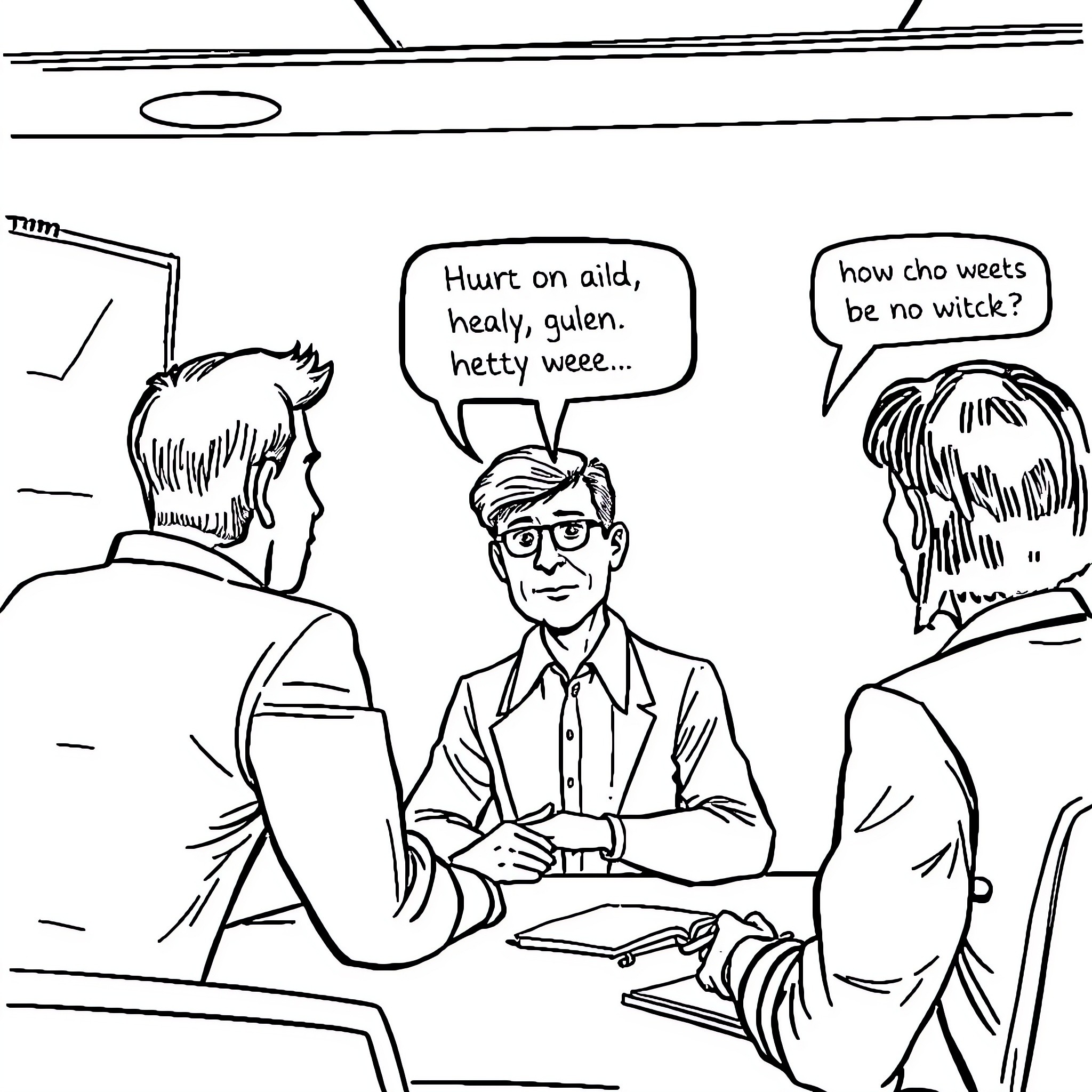 Human Resources: Humorous Workplace Dialogue Coloring Page (free black-and-white line drawing printable PDF for all, from beginners to advanced learners, including children, teens, adults, and seniors)