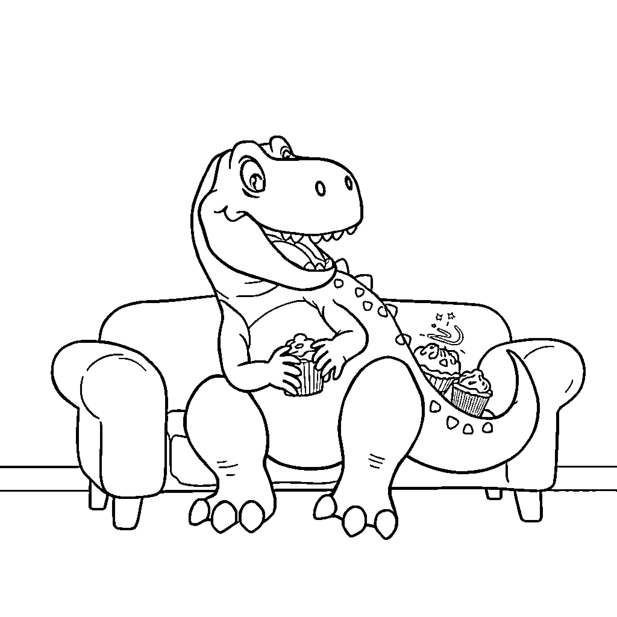 Dinosaur watching TV on the couch Coloring Page (free black-and-white line drawing printable PDF for all, from beginners to advanced learners, including children, teens, adults, and seniors)