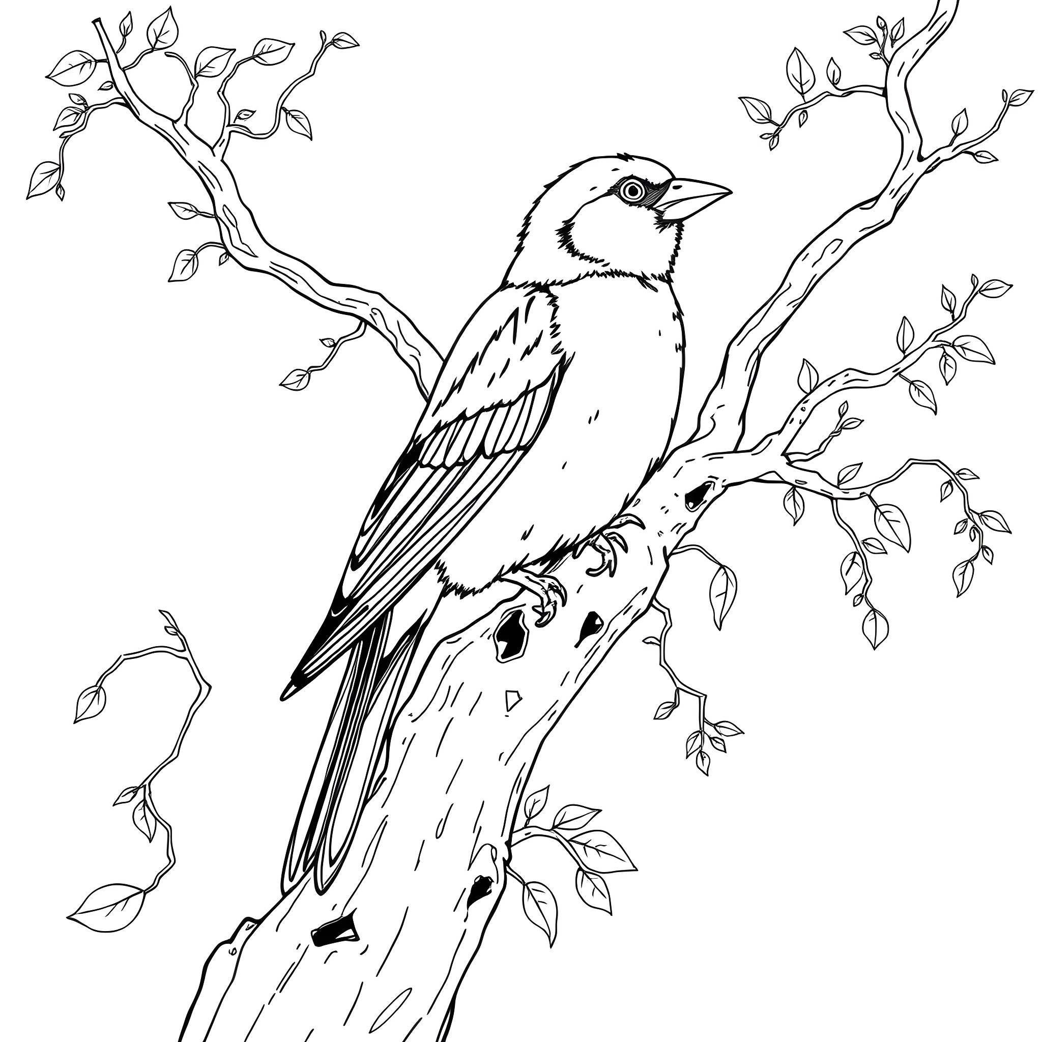 Canary perched among delicate branches Coloring Page (free black-and-white line drawing printable PDF for all, from beginners to advanced learners, including children, teens, adults, and seniors)