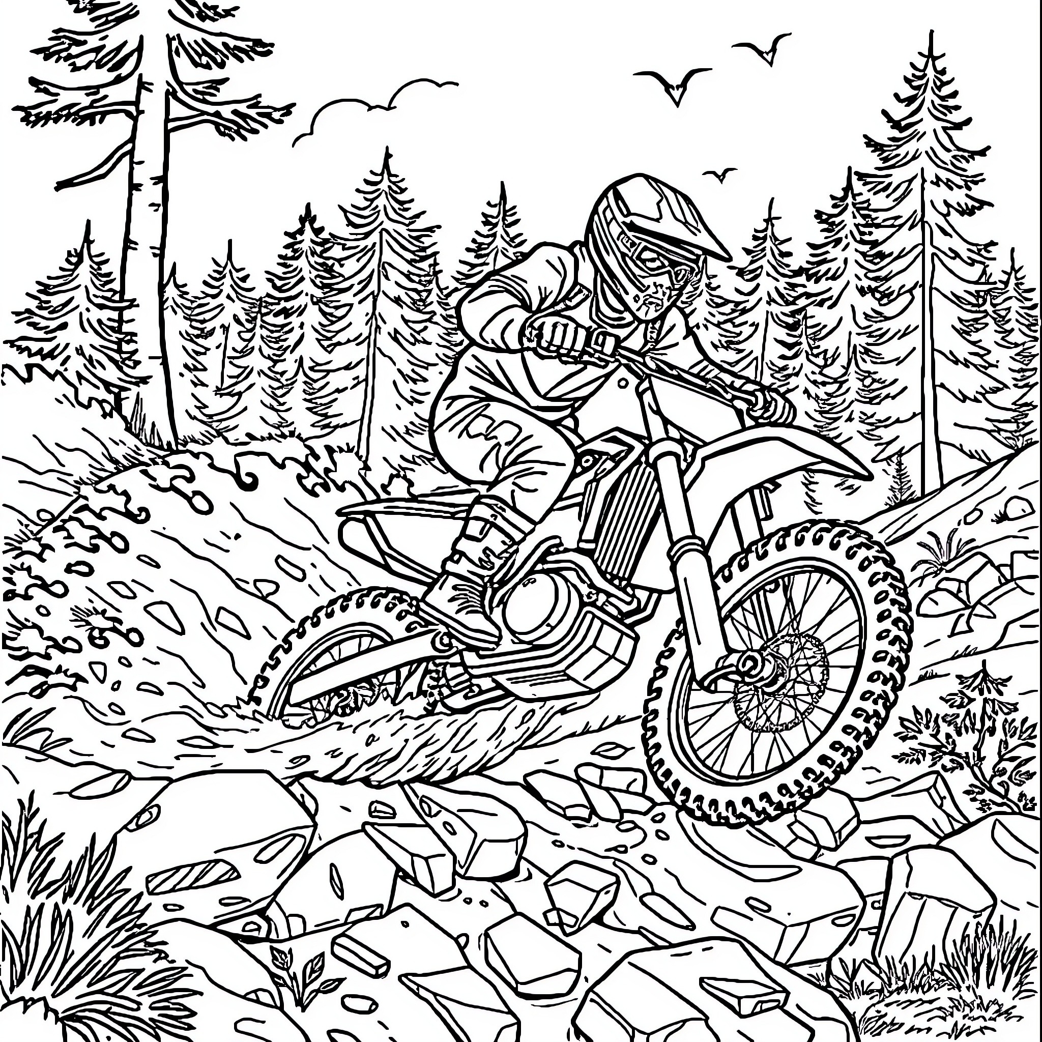 Bigfoot riding a dirt bike through the forest Coloring Page (free black-and-white line drawing printable PDF for all, from beginners to advanced learners, including children, teens, adults, and seniors)