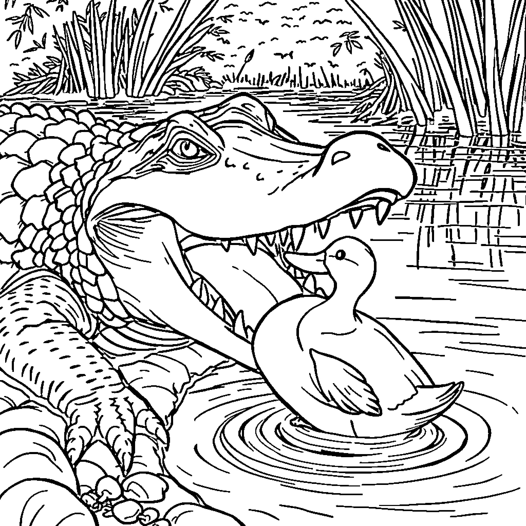 Alligator lurking in the swamp with ducklings Coloring Page (free black-and-white line drawing printable PDF for all, from beginners to advanced learners, including children, teens, adults, and seniors)