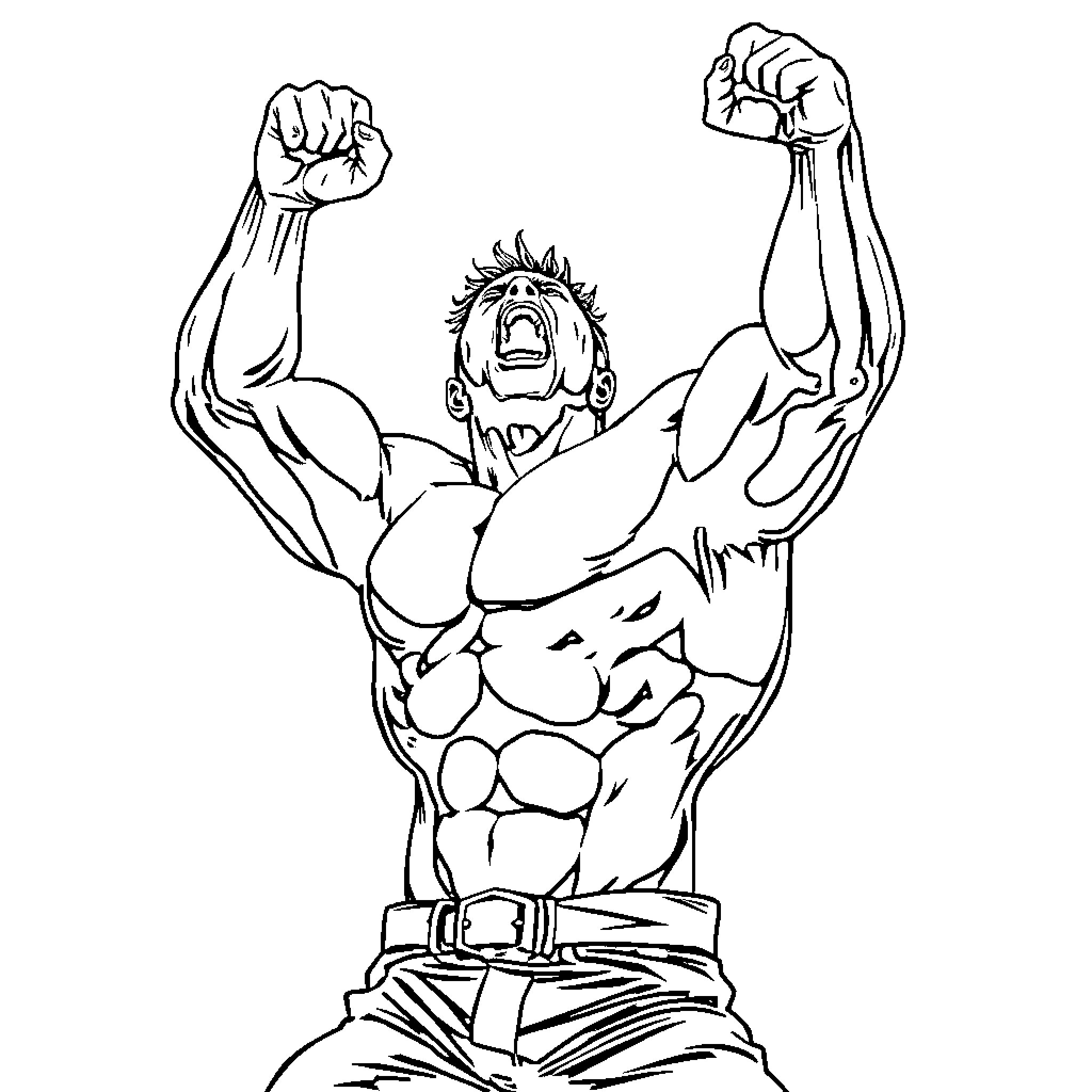 Homme displaying triumphant muscular pose Coloring Page (free black-and-white line drawing printable PDF for all, from beginners to advanced learners, including children, teens, adults, and seniors)