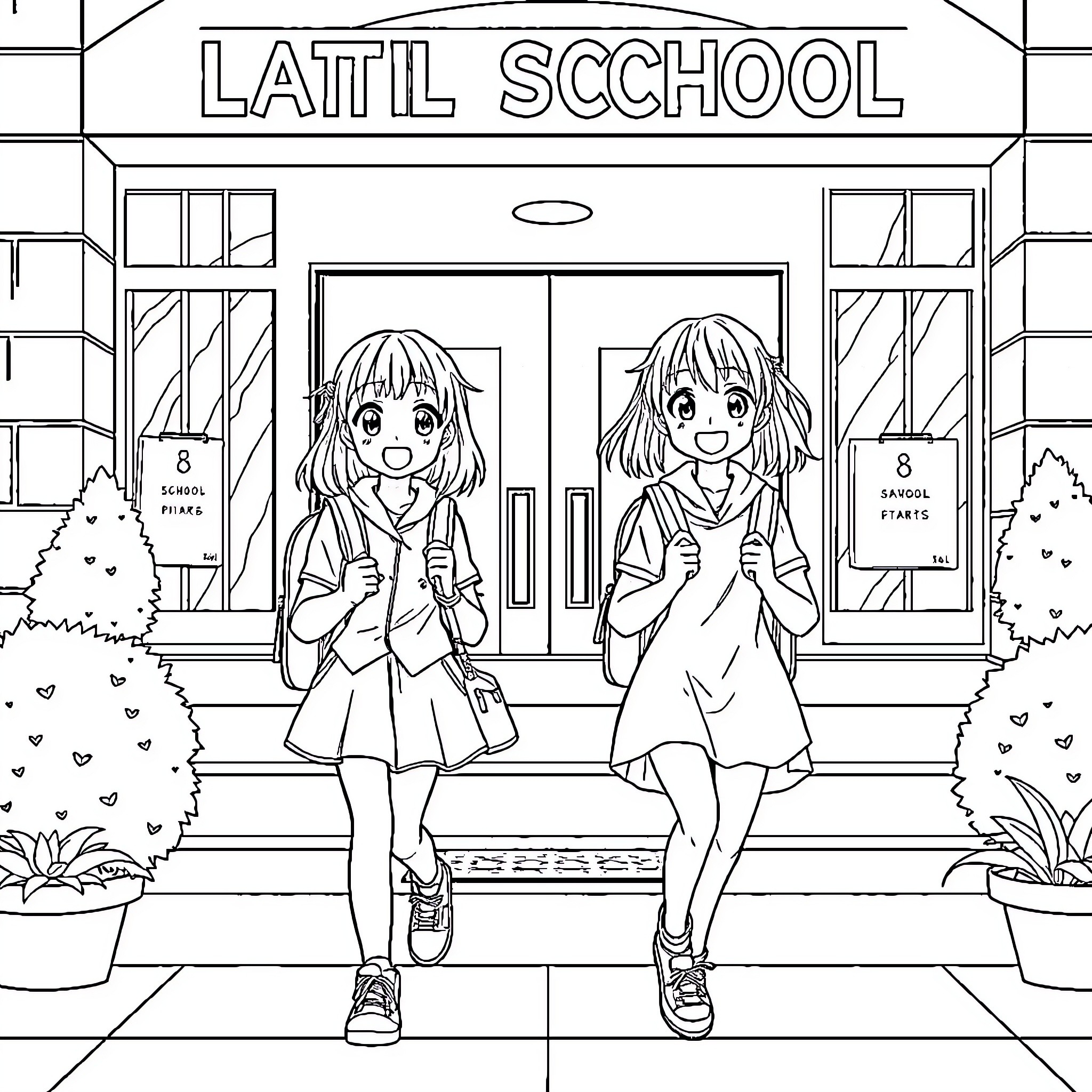 Anime Girls Walking Home from School Coloring Page (free black-and-white line drawing printable PDF for all, from beginners to advanced learners, including children, teens, adults, and seniors)