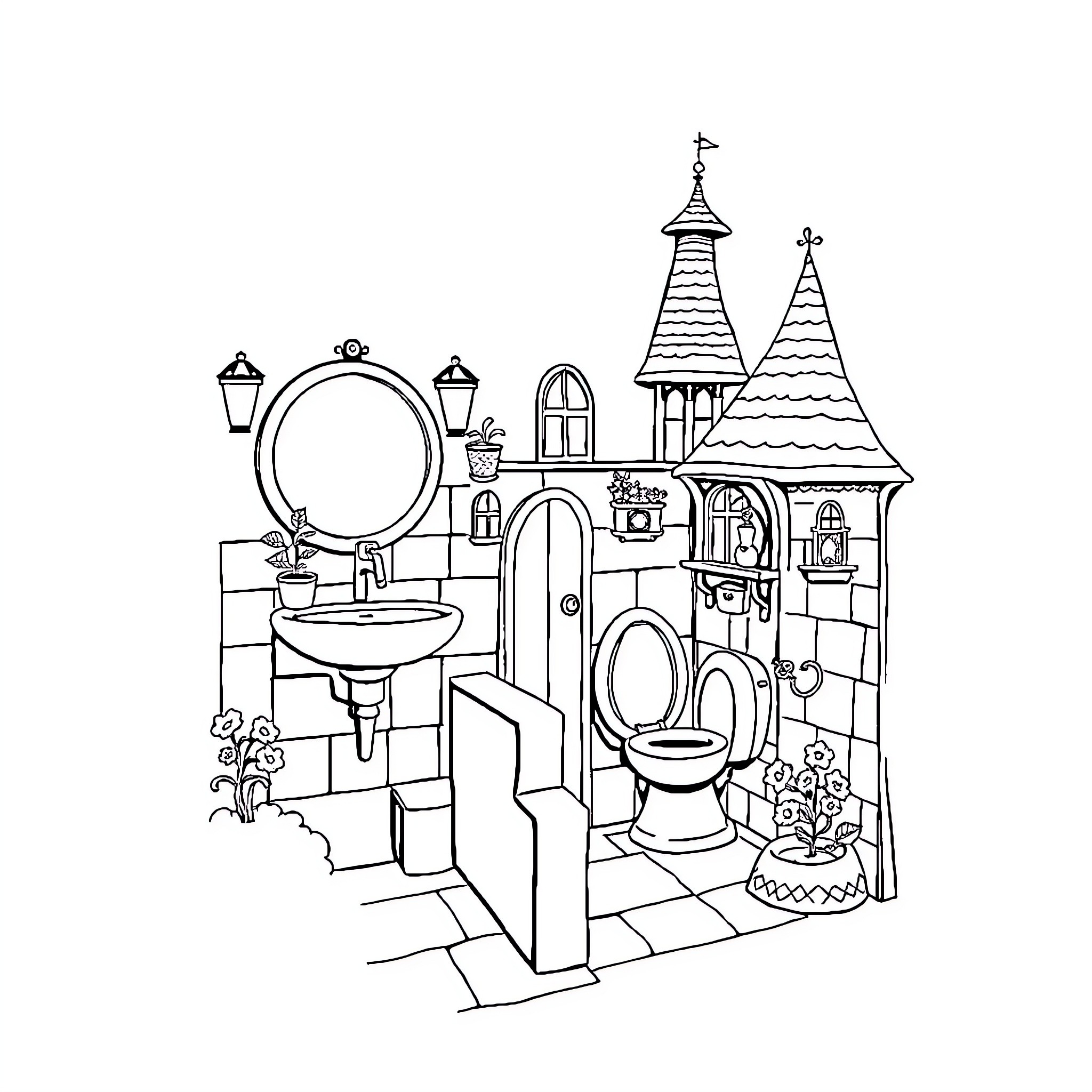 House with Whimsical Bathroom Fixtures and Decor Coloring Page (free black-and-white line drawing printable PDF for all, from beginners to advanced learners, including children, teens, adults, and seniors)