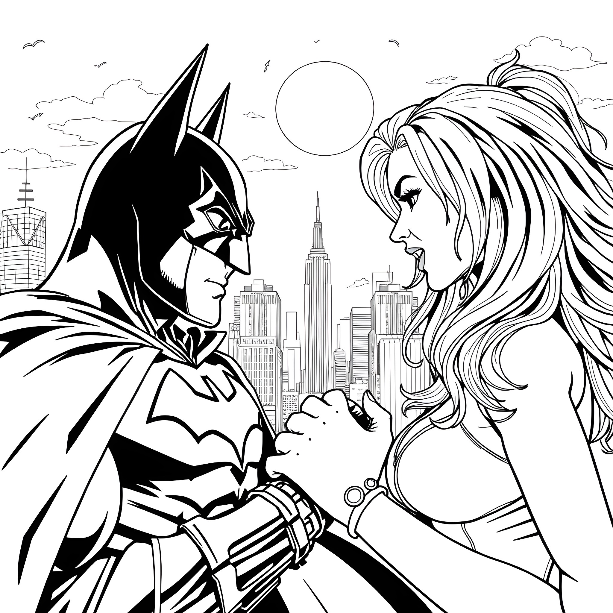 Batman and companion face off in the city Coloring Page (free black-and-white line drawing printable PDF for all, from beginners to advanced learners, including children, teens, adults, and seniors)