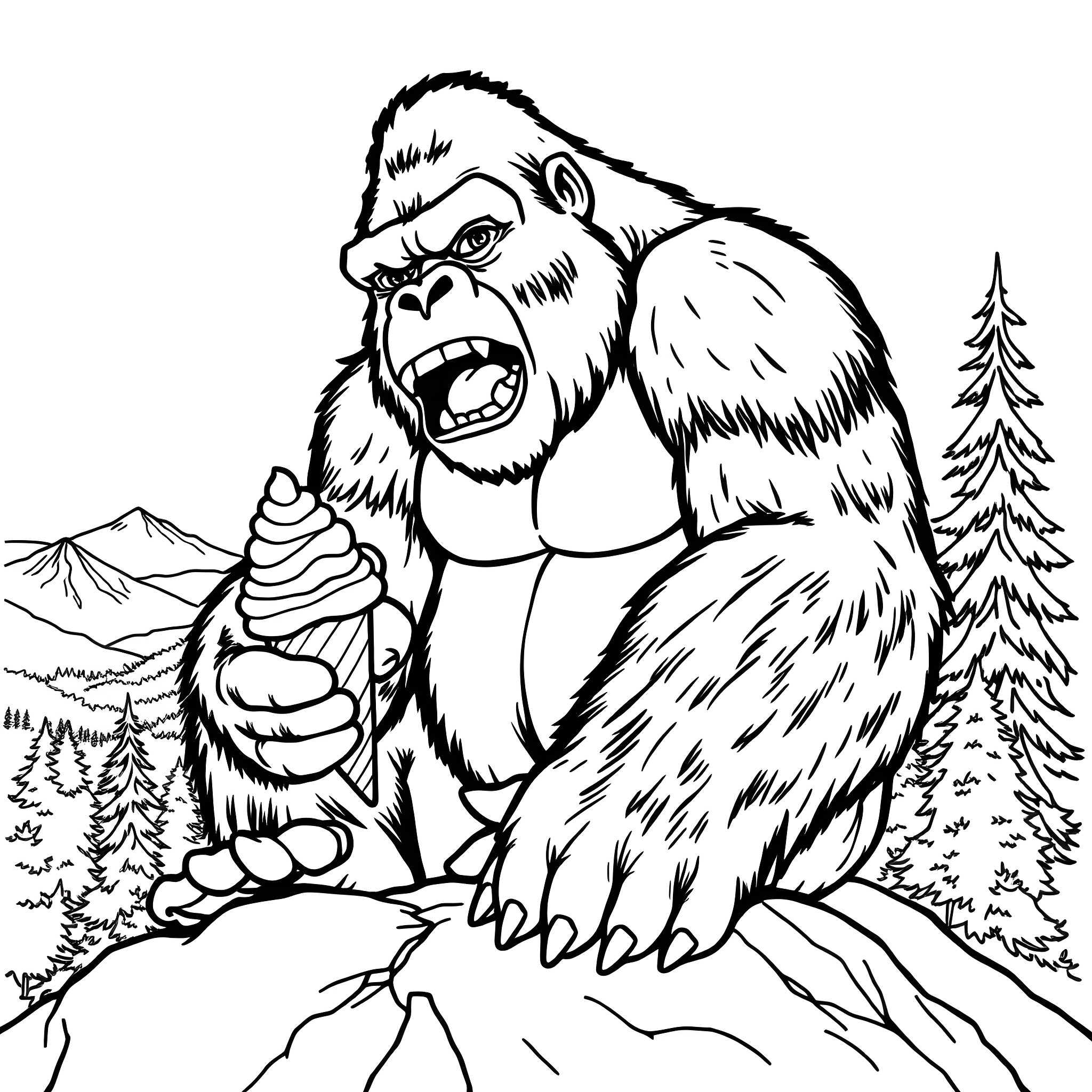 King Kong Roaring in the Mountainous Wilderness Coloring Page (free black-and-white line drawing printable PDF for all, from beginners to advanced learners, including children, teens, adults, and seniors)