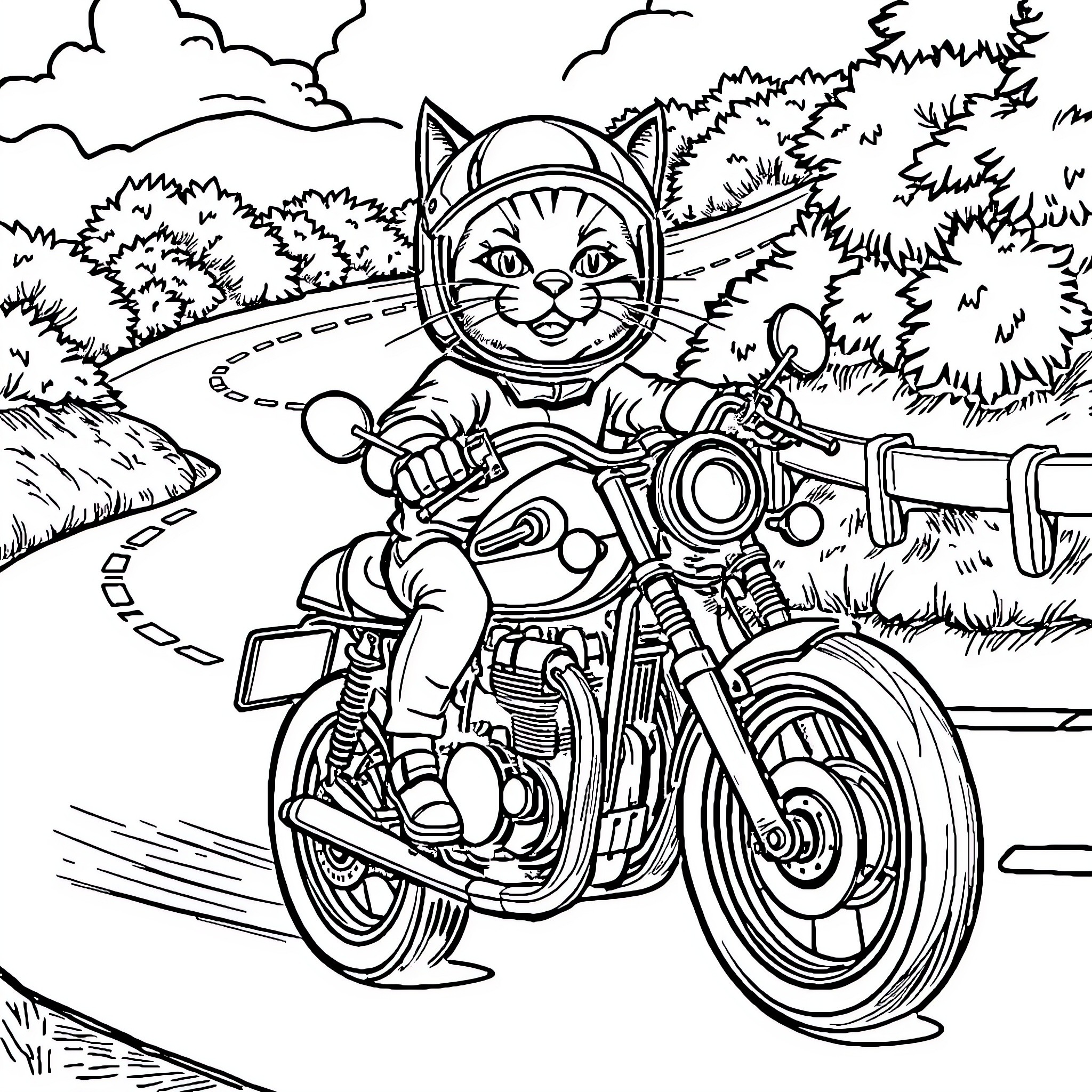 Cat riding motorcycle on road through countryside Coloring Page (free black-and-white line drawing printable PDF for all, from beginners to advanced learners, including children, teens, adults, and seniors)