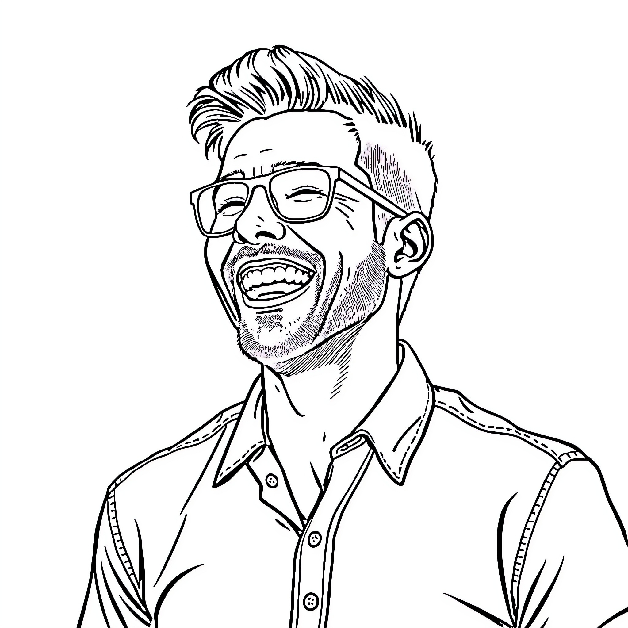 Guy with glasses and trendy hairstyle smiling joyfully Coloring Page (free black-and-white line drawing printable PDF for all, from beginners to advanced learners, including children, teens, adults, and seniors)
