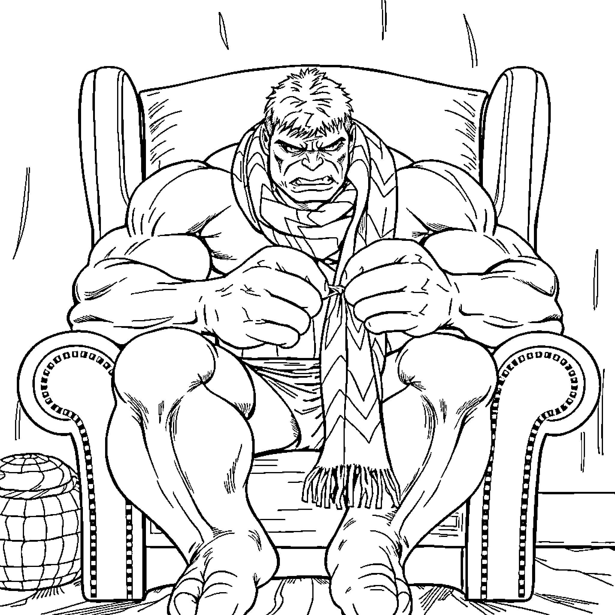 Hulk sitting in a chair with a stern expression Coloring Page (free black-and-white line drawing printable PDF for all, from beginners to advanced learners, including children, teens, adults, and seniors)