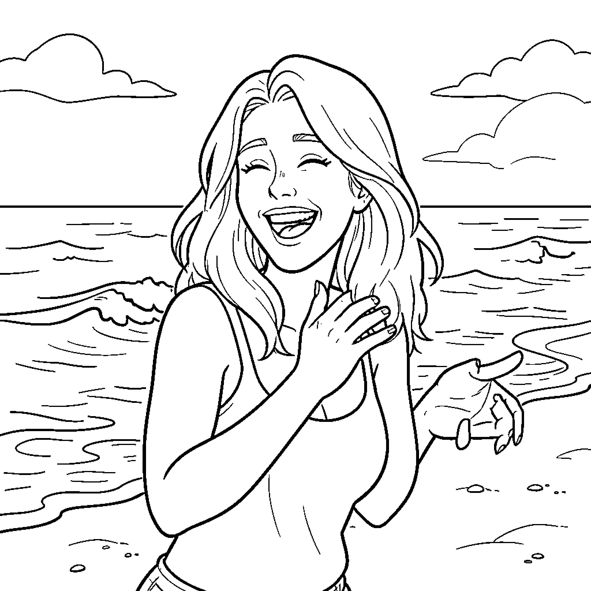 Gaby laughing joyfully on a sunny beach Coloring Page (free black-and-white line drawing printable PDF for all, from beginners to advanced learners, including children, teens, adults, and seniors)