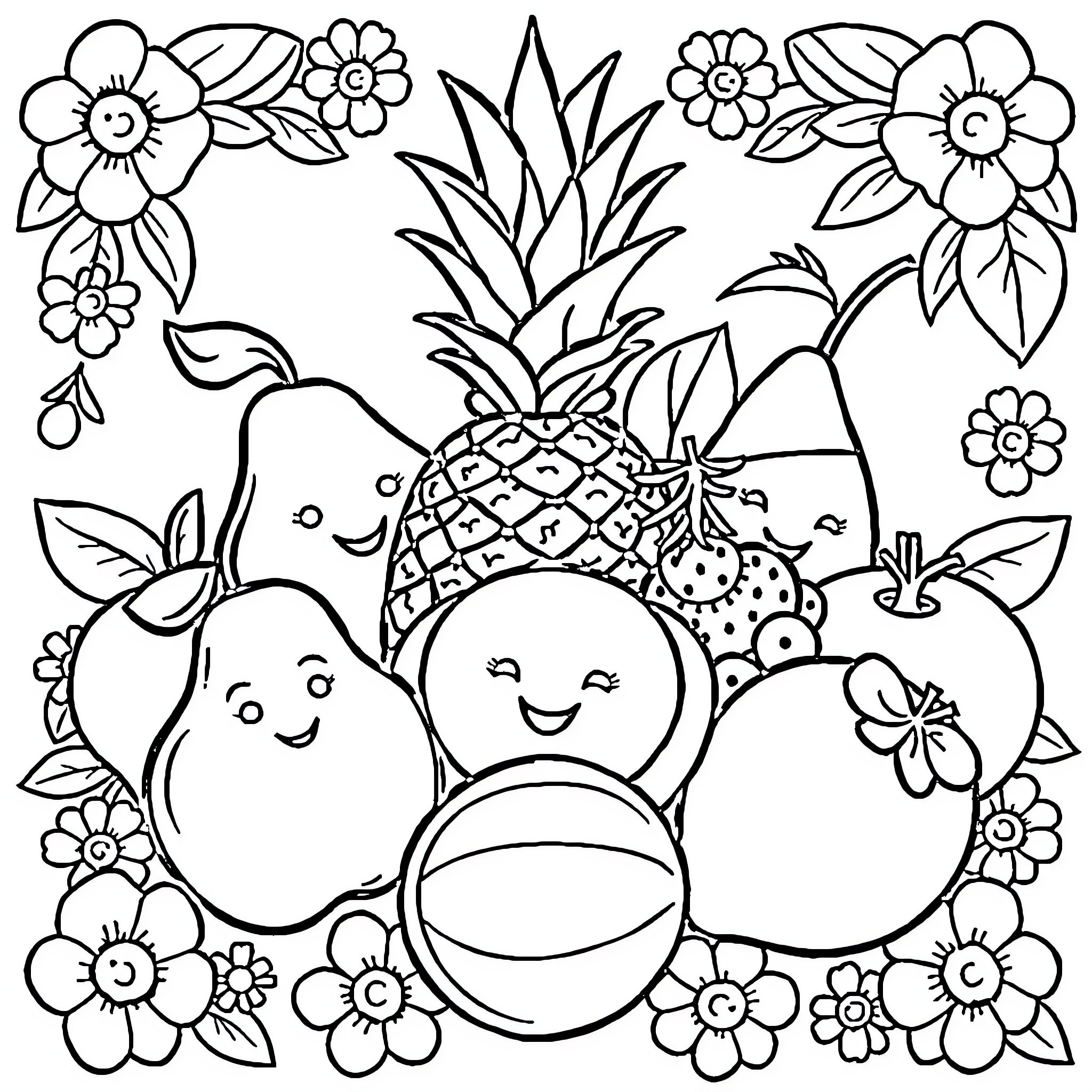 Fruit Coloring Page with Flowers Coloring Page (free black-and-white line drawing printable PDF for all, from beginners to advanced learners, including children, teens, adults, and seniors)
