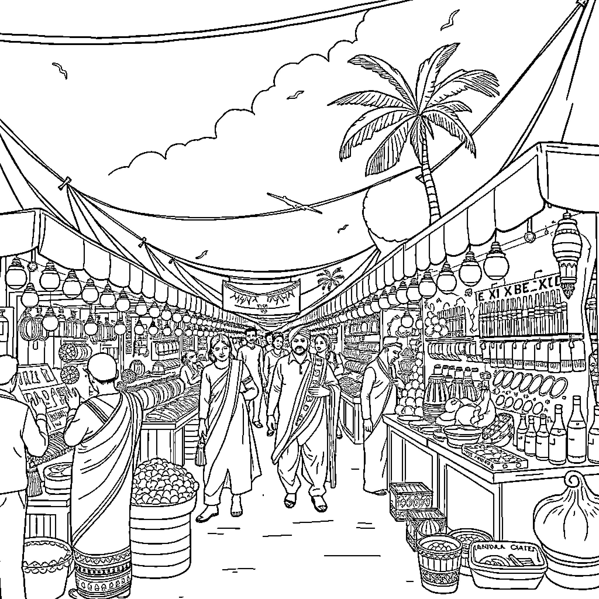 Exhibition of Vibrant Marketplace Scene Coloring Page (free black-and-white line drawing printable PDF for all, from beginners to advanced learners, including children, teens, adults, and seniors)
