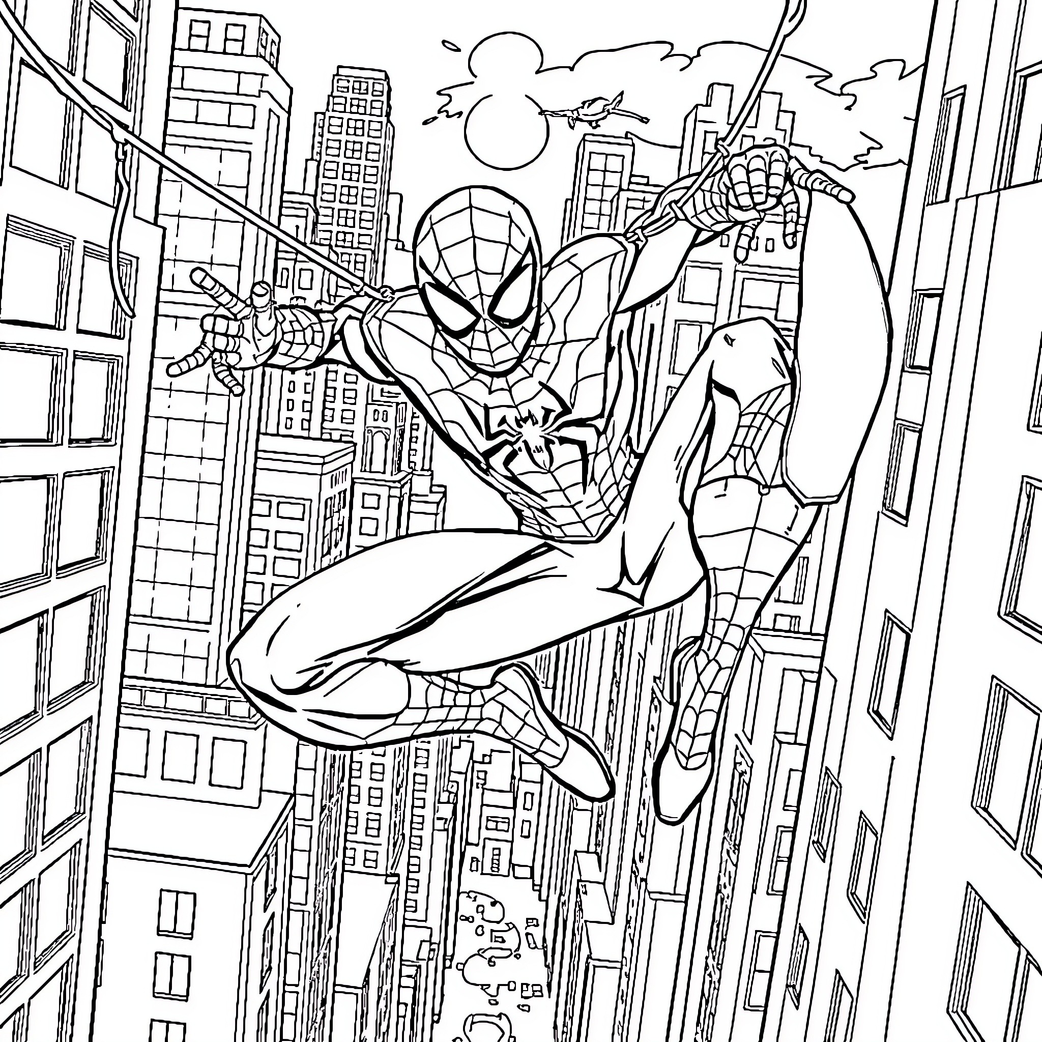 Spider-Man swinging through the city skyline Coloring Page (free black-and-white line drawing printable PDF for all, from beginners to advanced learners, including children, teens, adults, and seniors)