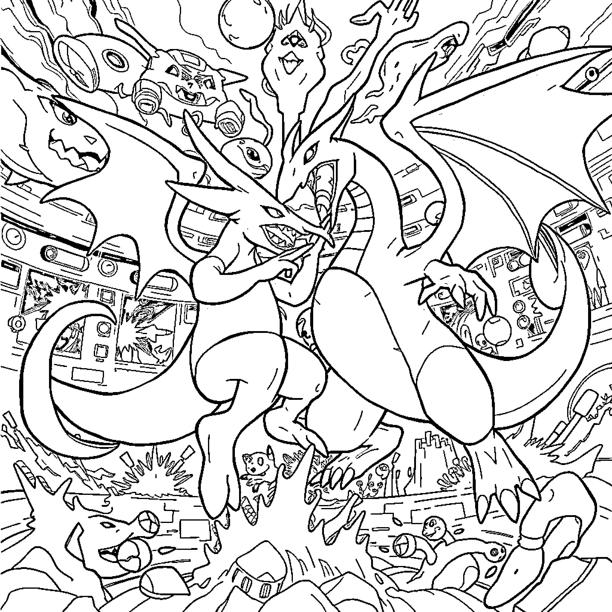 Mewtwo Engaged in an Epic Battle Coloring Page (free black-and-white line drawing printable PDF for all, from beginners to advanced learners, including children, teens, adults, and seniors)