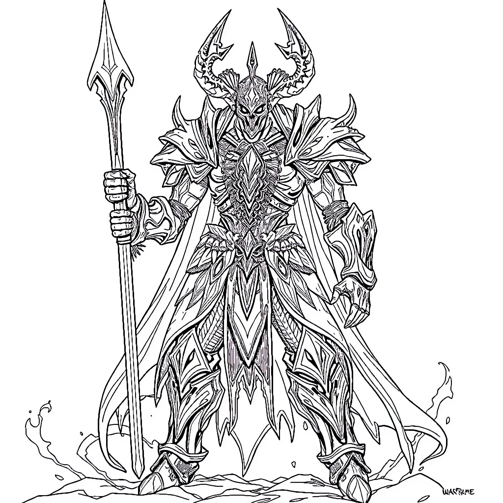Nekros Prime Wielding Fearsome Armored Spear Coloring Page (free black-and-white line drawing printable PDF for all, from beginners to advanced learners, including children, teens, adults, and seniors)