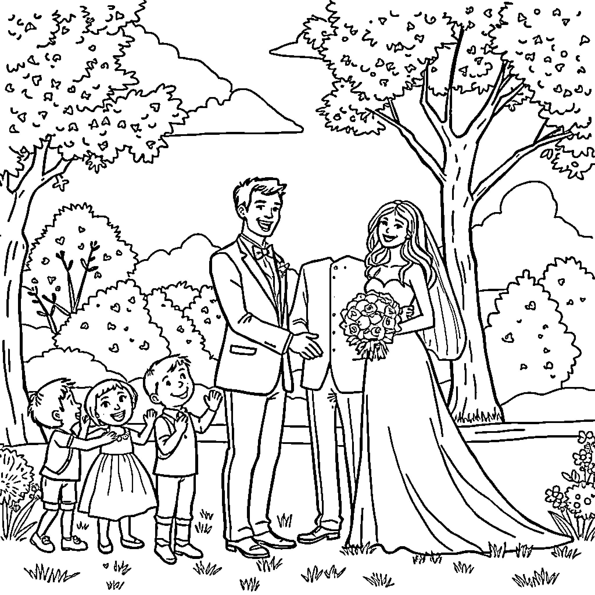 Wedding ceremony in outdoor garden setting Coloring Page (free black-and-white line drawing printable PDF for all, from beginners to advanced learners, including children, teens, adults, and seniors)