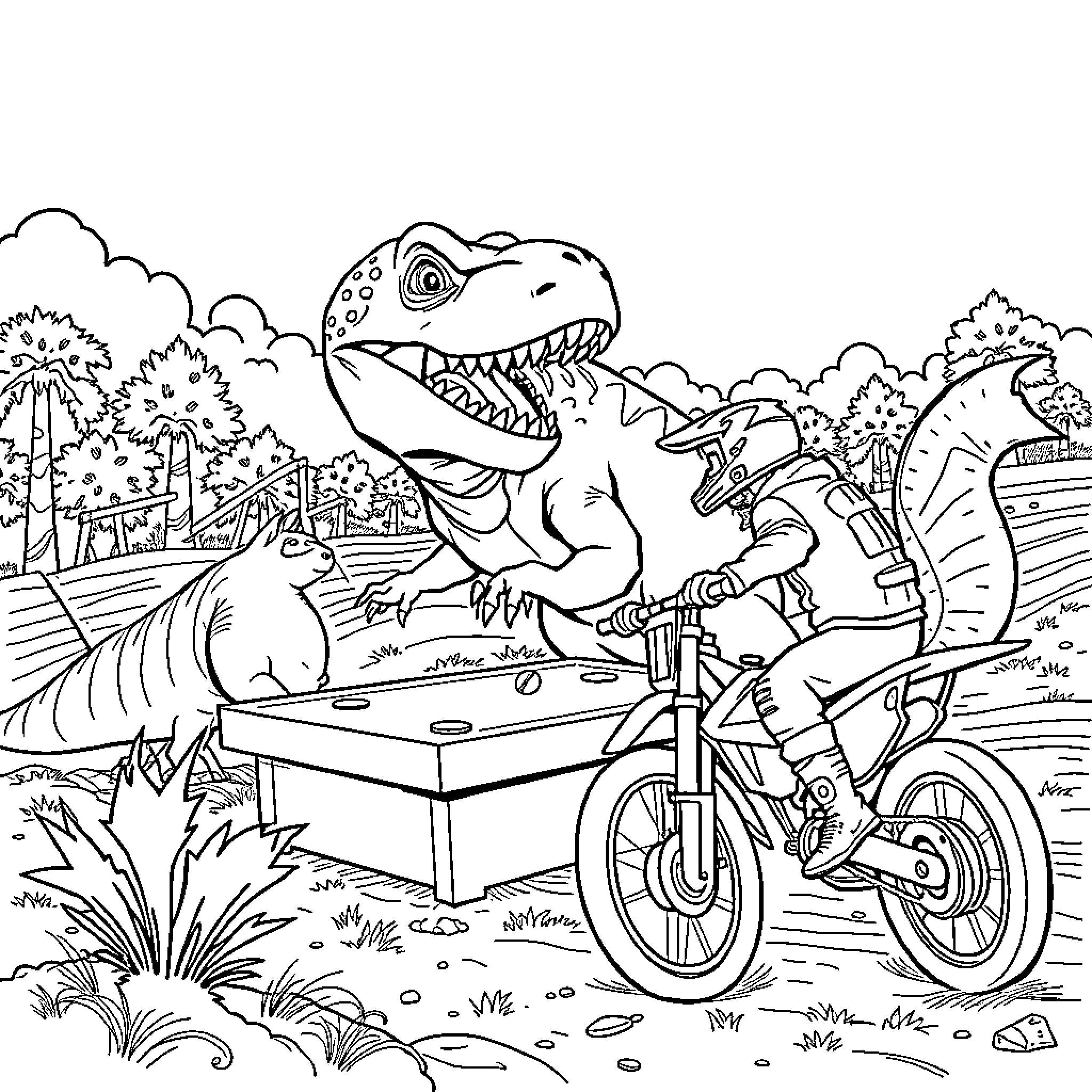 Tyrannosaurus Riding Bicycle in Jurassic Landscape Coloring Page (free black-and-white line drawing printable PDF for all, from beginners to advanced learners, including children, teens, adults, and seniors)