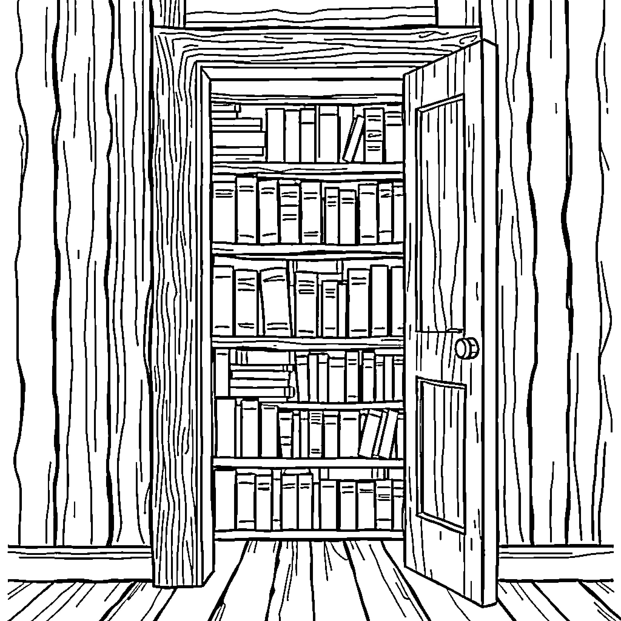Door to a Room Full of Books Coloring Page (free black-and-white line drawing printable PDF for all, from beginners to advanced learners, including children, teens, adults, and seniors)