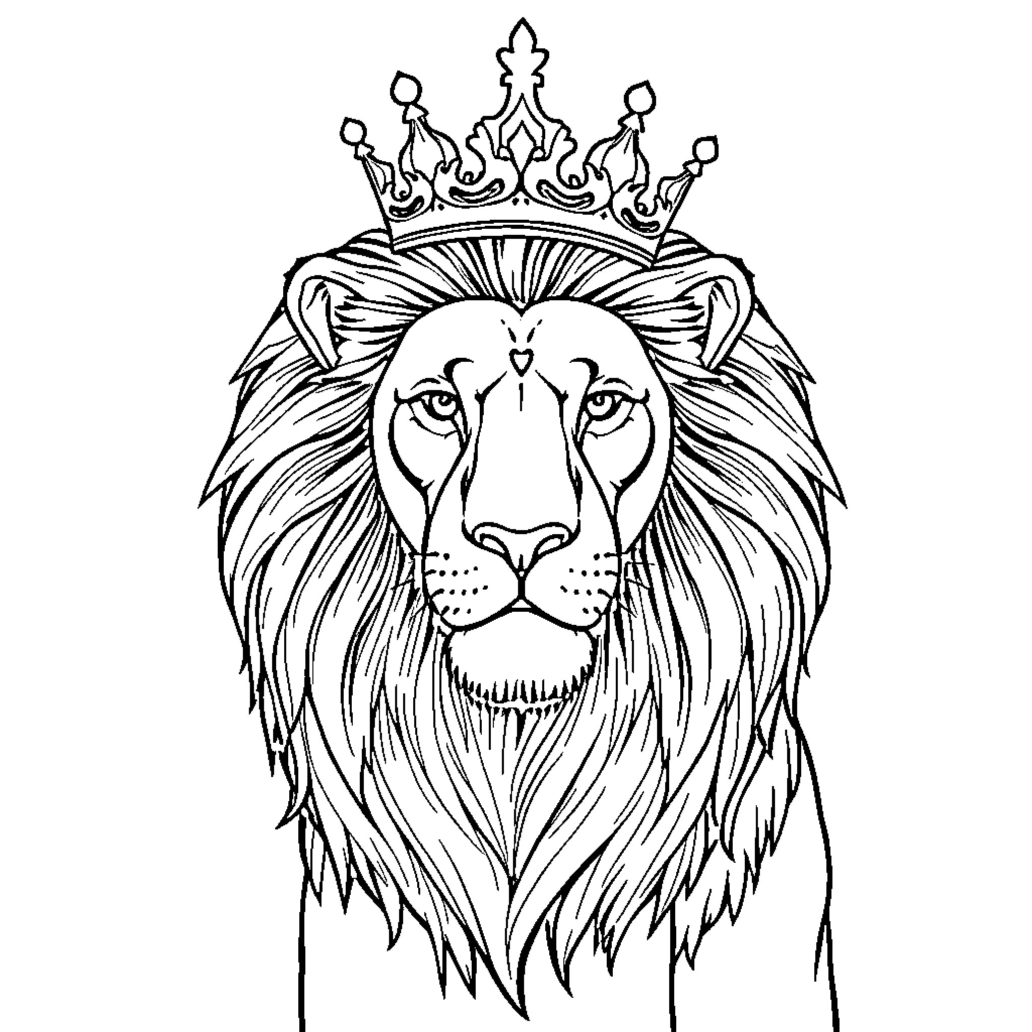 Lion Wearing Ornate Crown Coloring Page (free black-and-white line drawing printable PDF for all, from beginners to advanced learners, including children, teens, adults, and seniors)