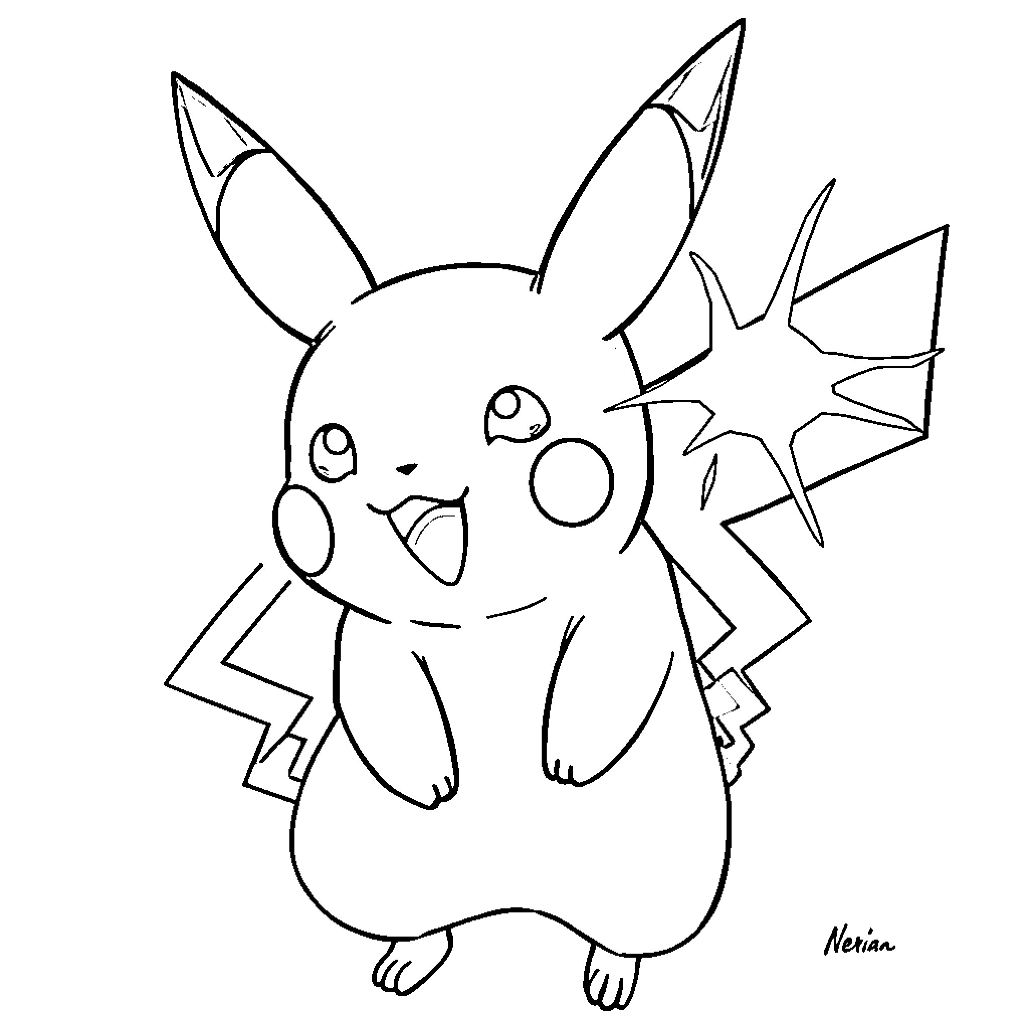 Pikachu expressing excitement and energy Coloring Page (free black-and-white line drawing printable PDF for all, from beginners to advanced learners, including children, teens, adults, and seniors)